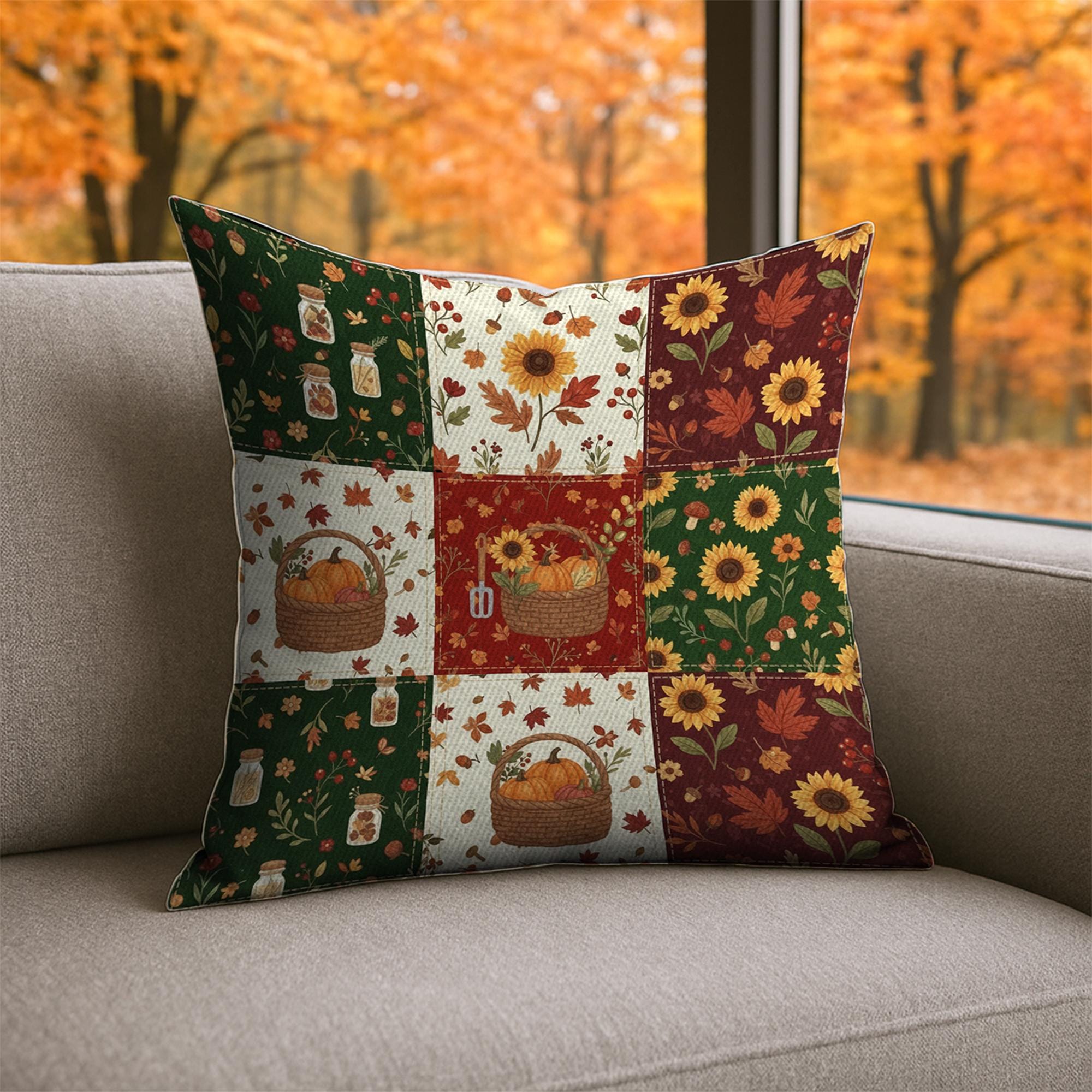 Autumn Patchwork style Pillow Sunflower Pumpkin Fall Decor