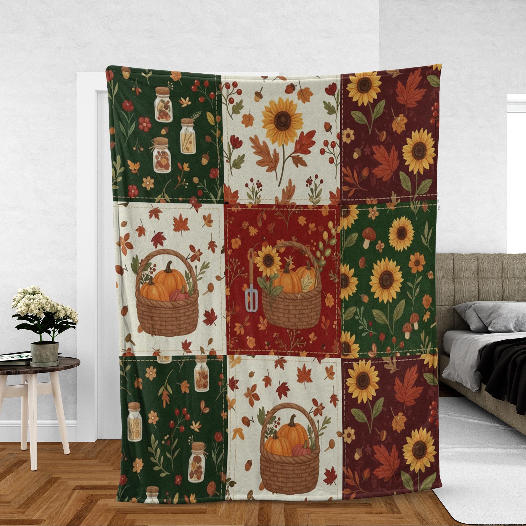 Autumn Patchwork Fleece Blanket Sunflower Pumpkin Fall Decor
