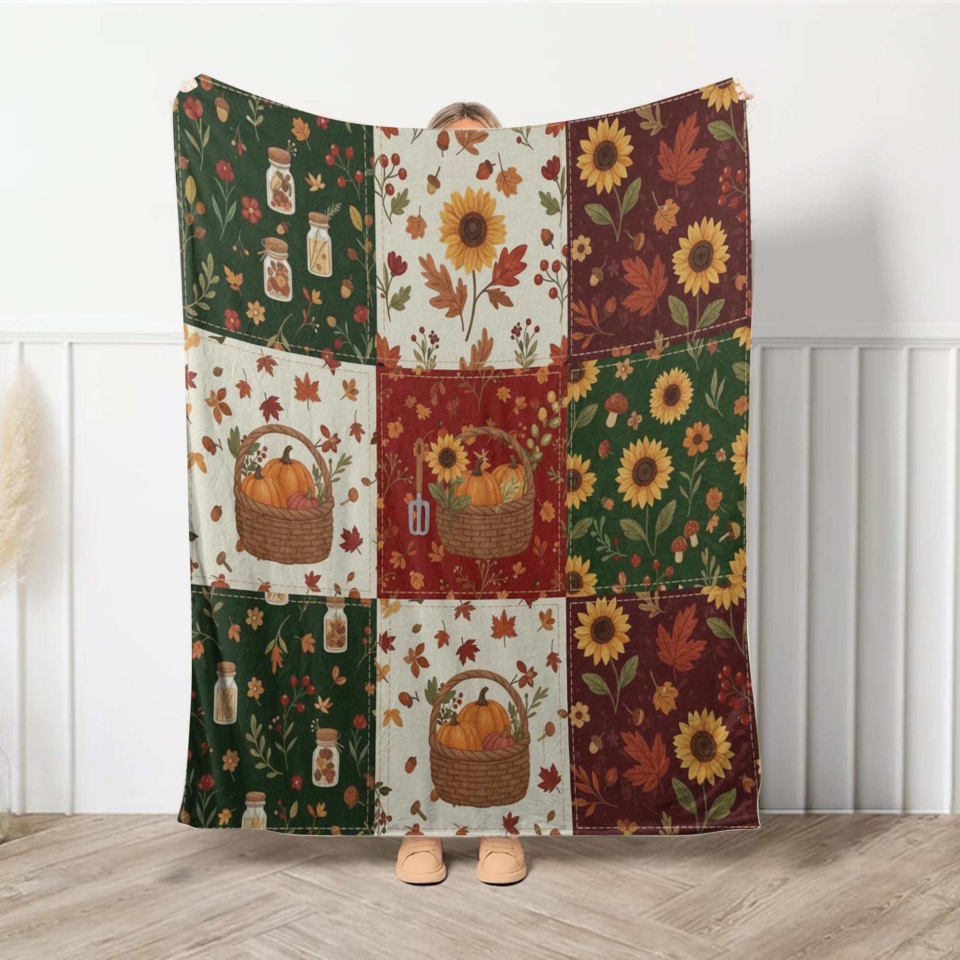 Autumn Patchwork Fleece Blanket Sunflower Pumpkin Fall Decor