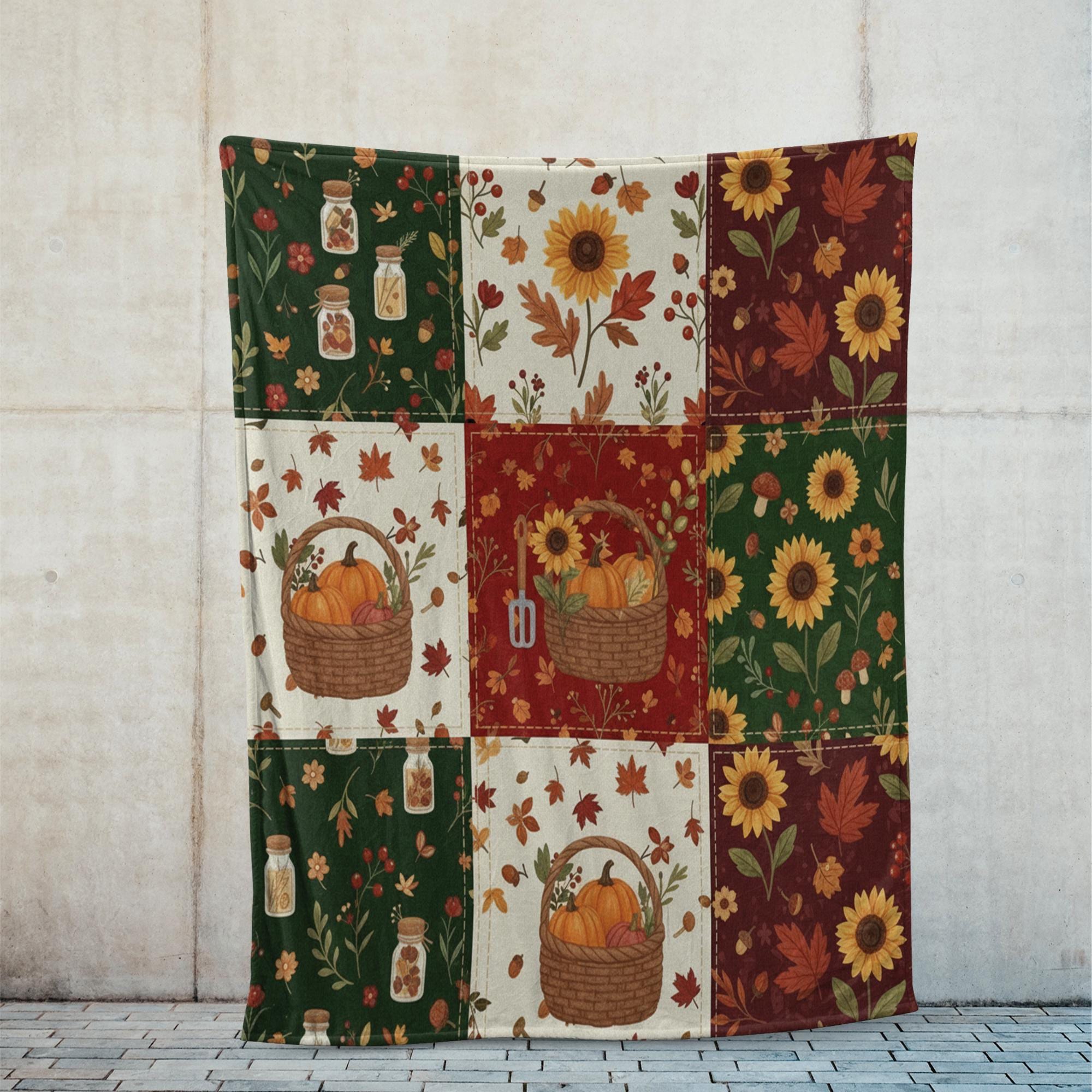 Autumn Patchwork Fleece Blanket Sunflower Pumpkin Fall Decor