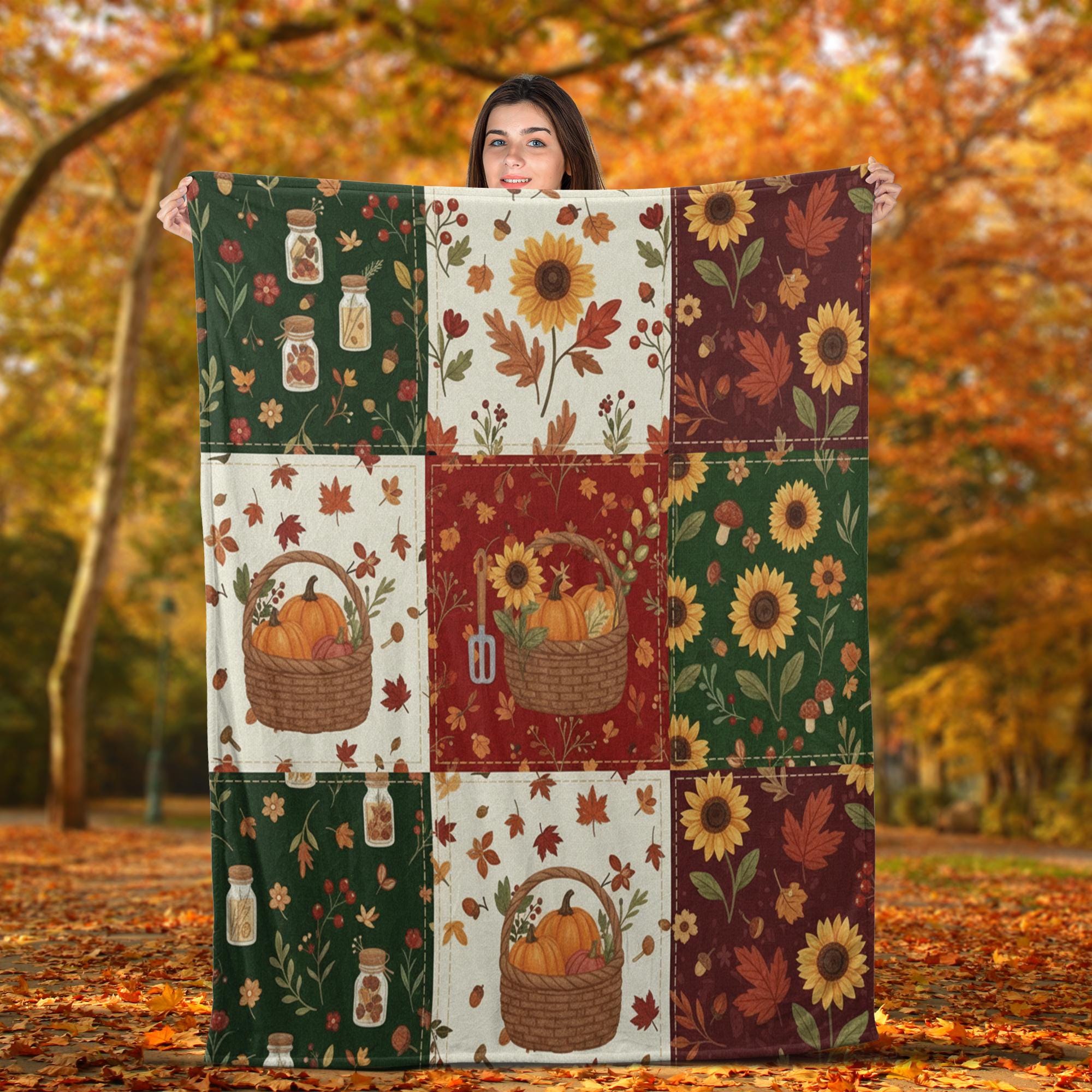 Autumn Patchwork Fleece Blanket Sunflower Pumpkin Fall Decor
