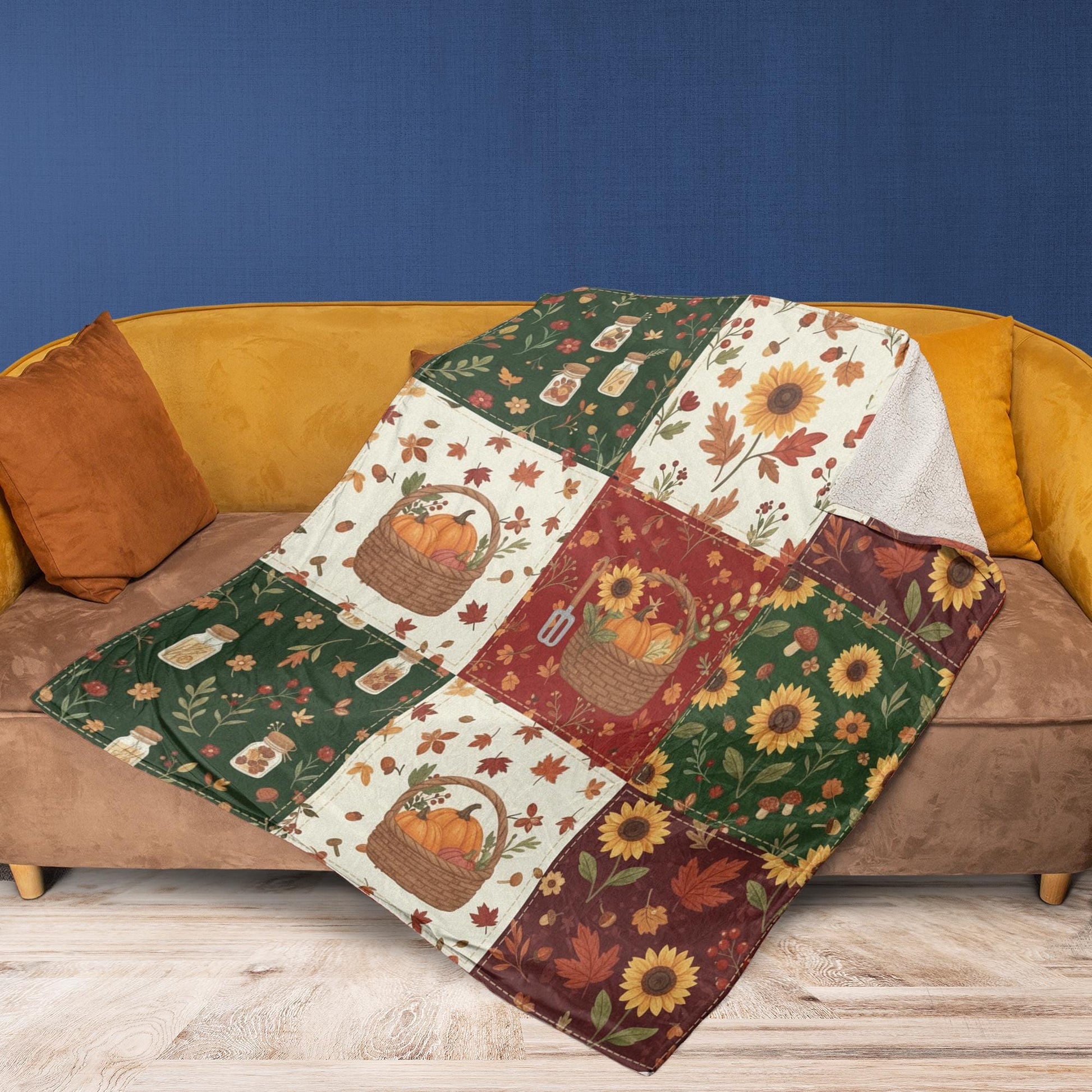 Autumn Patchwork Fleece Blanket Sunflower Pumpkin Fall Decor