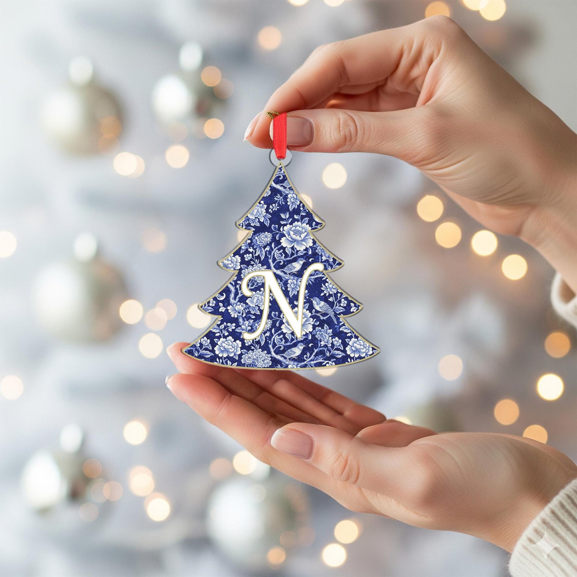 Personalized Initial Ornament – Custom Tree Decoration Blue Floral Design