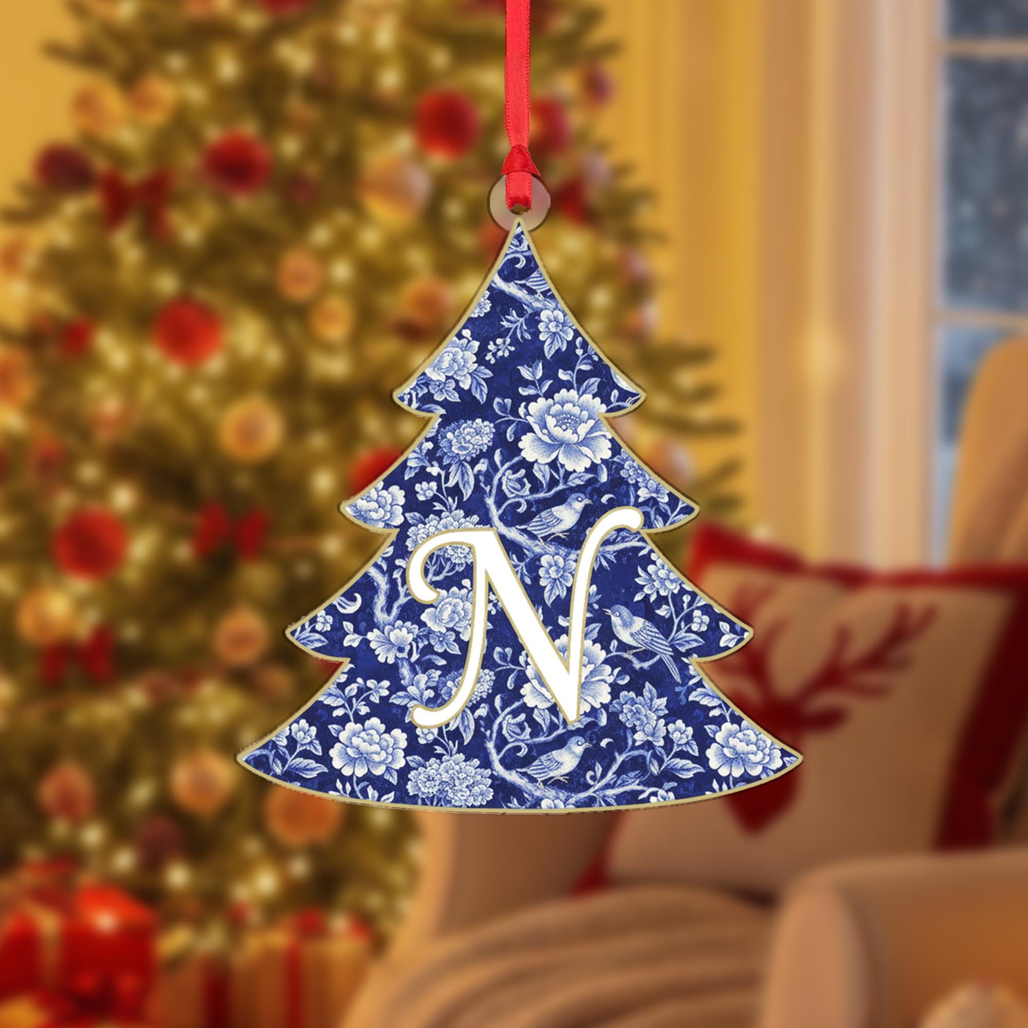 Personalized Initial Ornament – Custom Tree Decoration Blue Floral Design