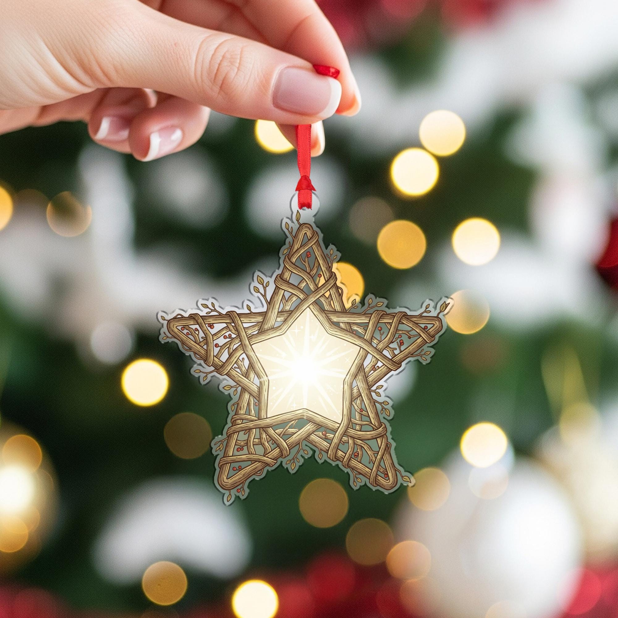 Wooden Star Ornament – Rustic Woven Decoration with Lighted Design