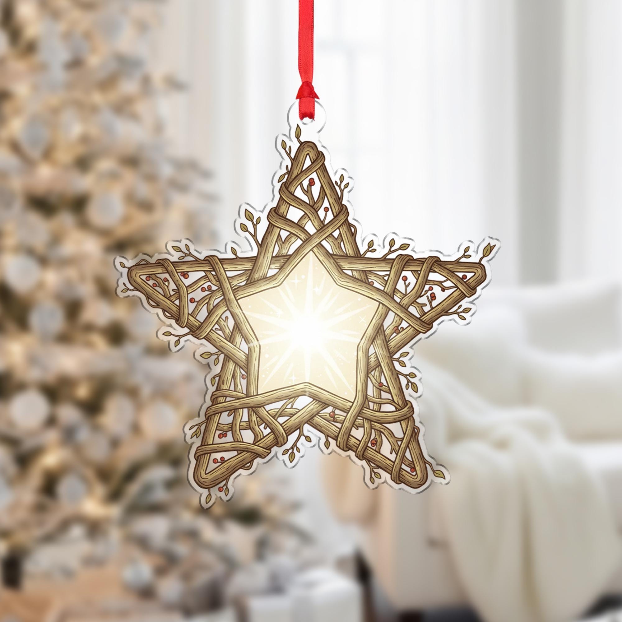 Wooden Star Ornament – Rustic Woven Decoration with Lighted Design