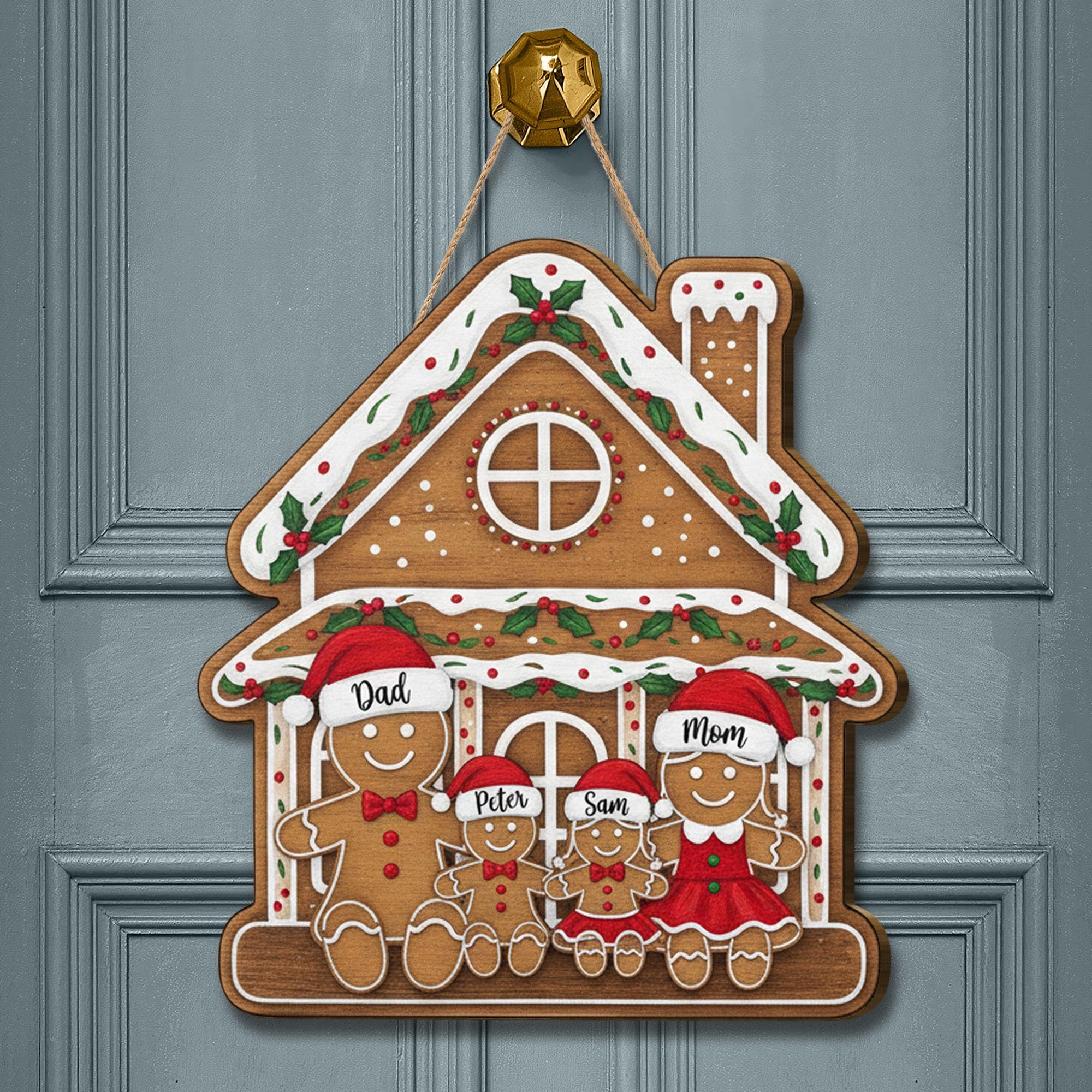Personalized Wooden Door Hanger – Custom Gingerbread House Family Sign
