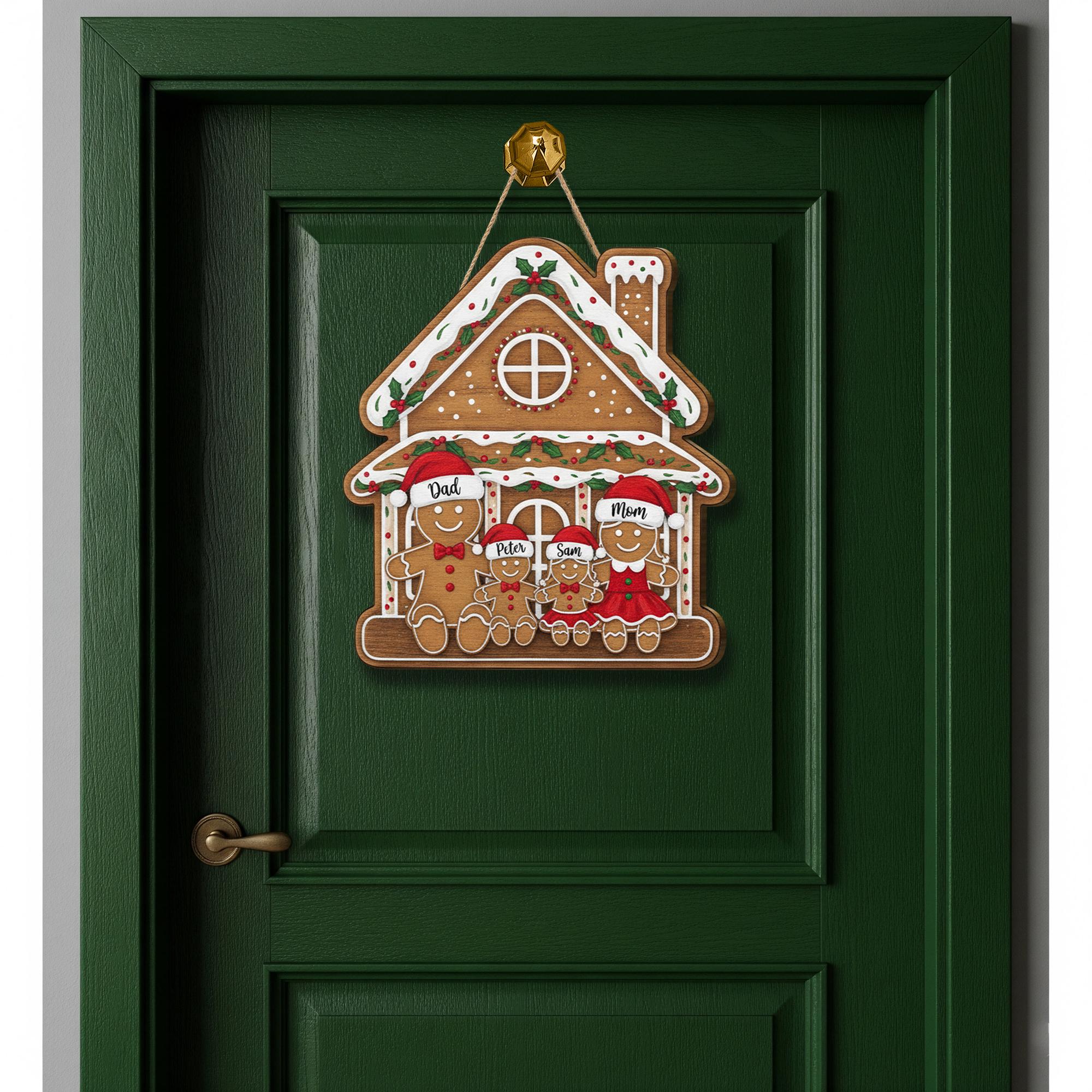 Personalized Wooden Door Hanger – Custom Gingerbread House Family Sign