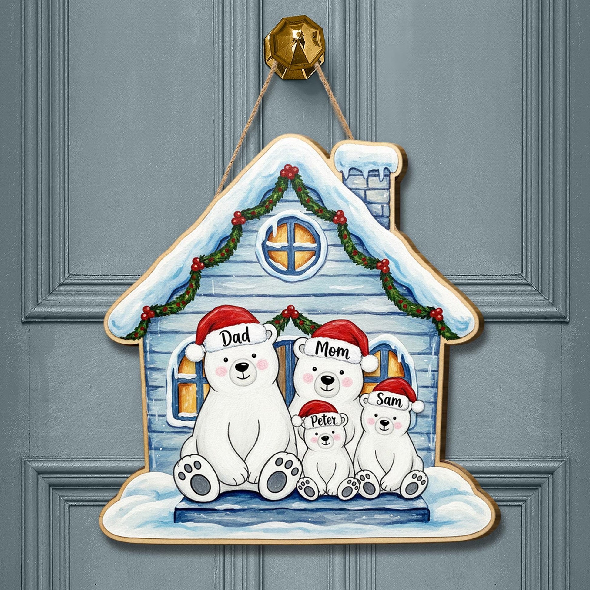 Personalized Wooden Door Hanger – Custom Polar Bear Family House Sign