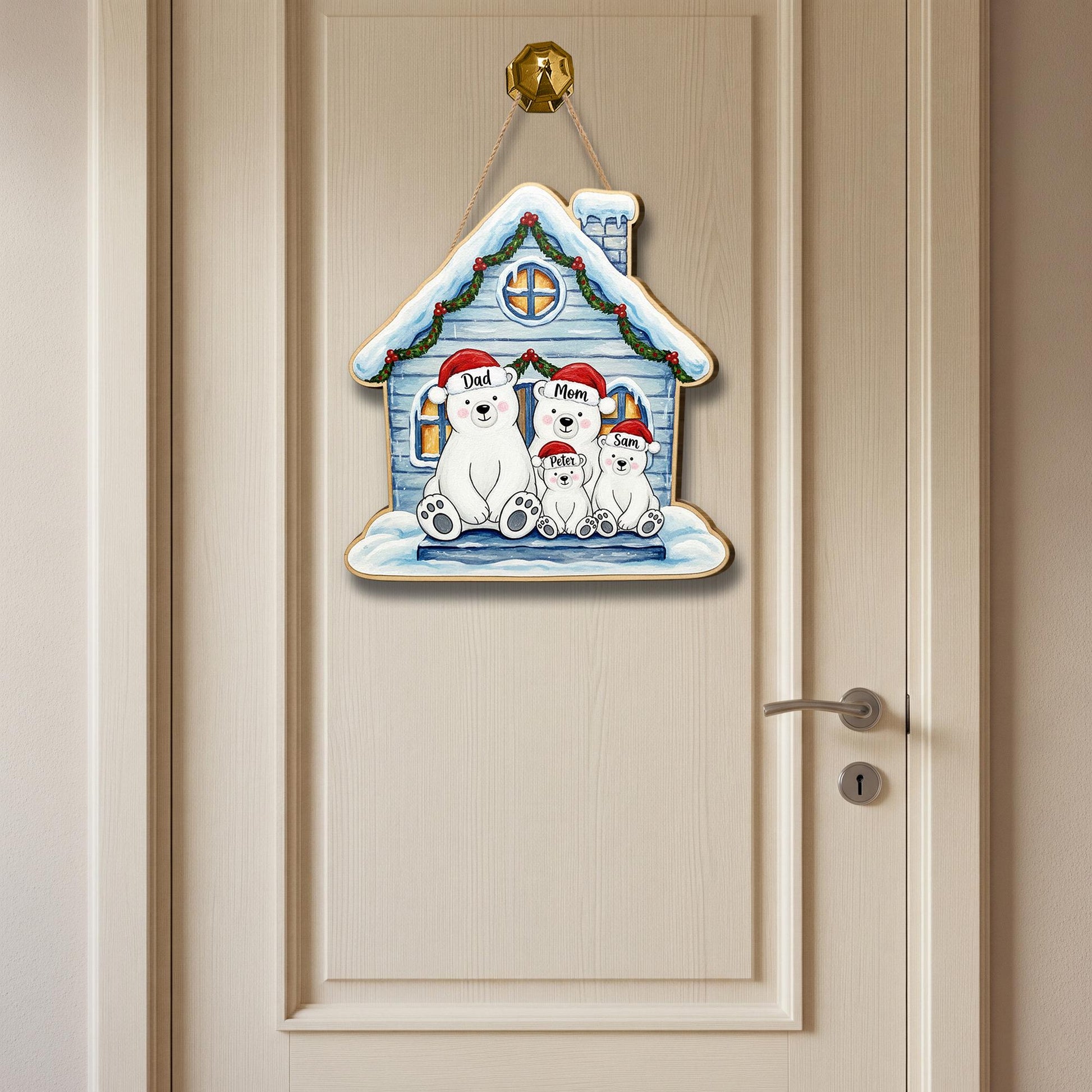 Personalized Wooden Door Hanger – Custom Polar Bear Family House Sign