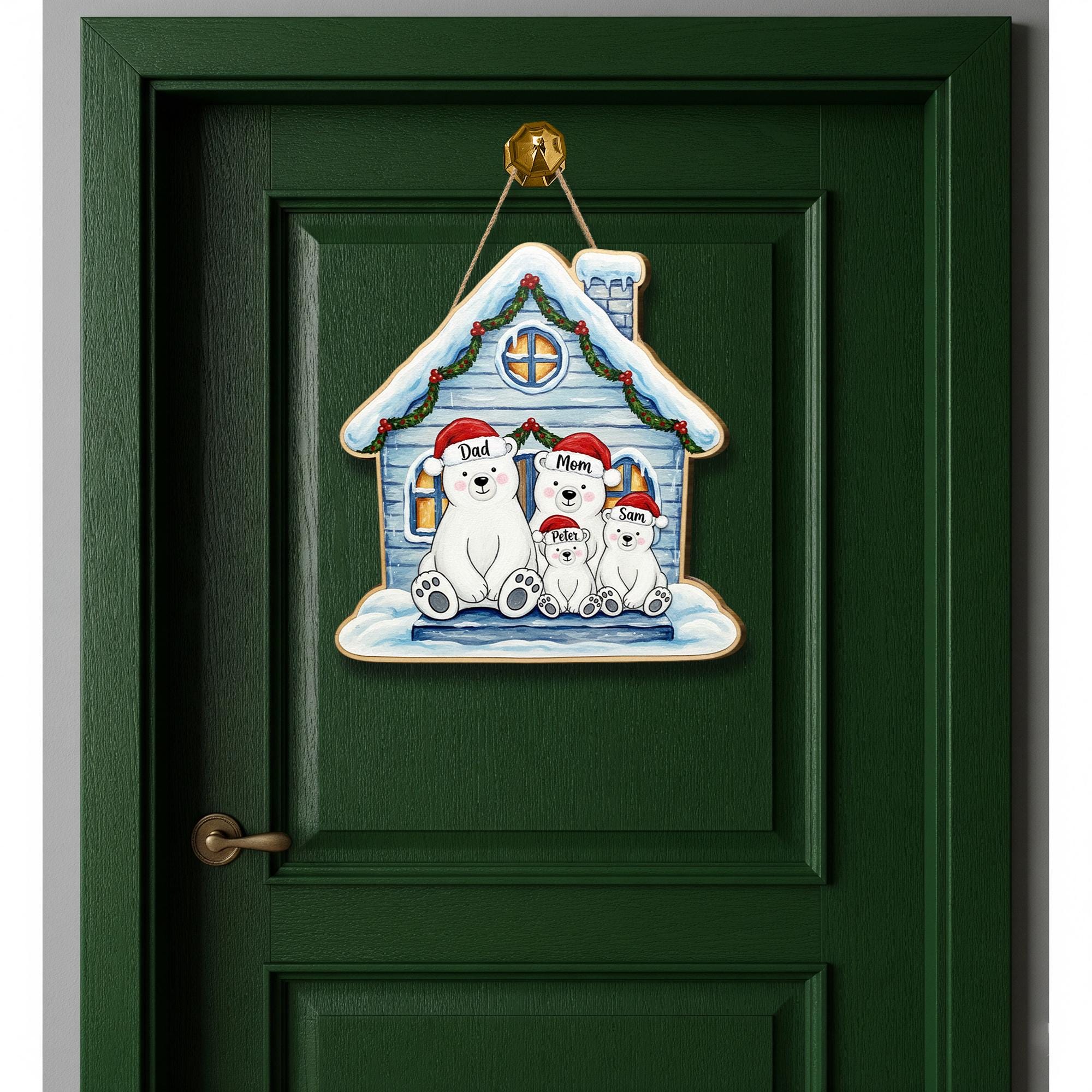 Personalized Wooden Door Hanger – Custom Polar Bear Family House Sign