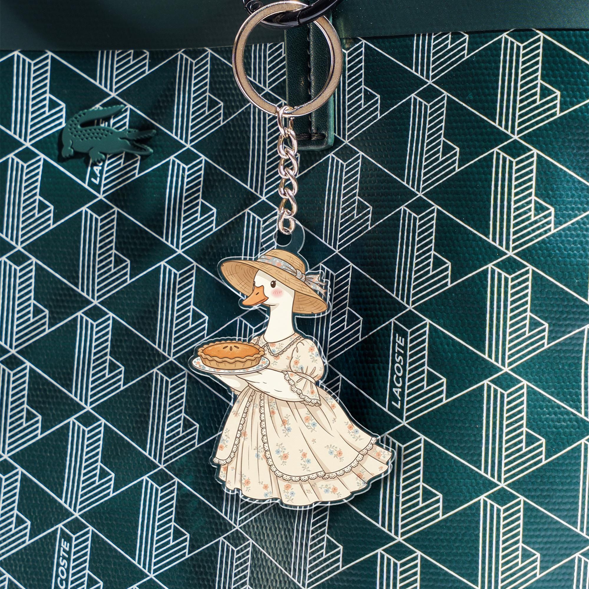 Acrylic Goose Keychain – Cartoon Animal in Dress Holding Pie
