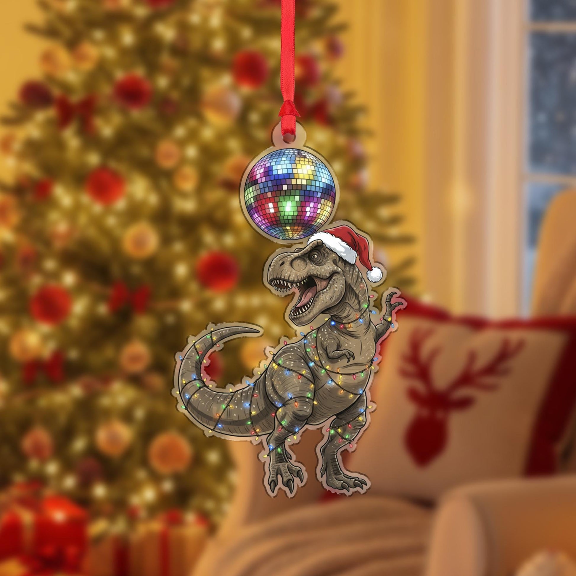 Dinosaur Christmas Ornament – T Rex Decoration with Disco Ball and Lights