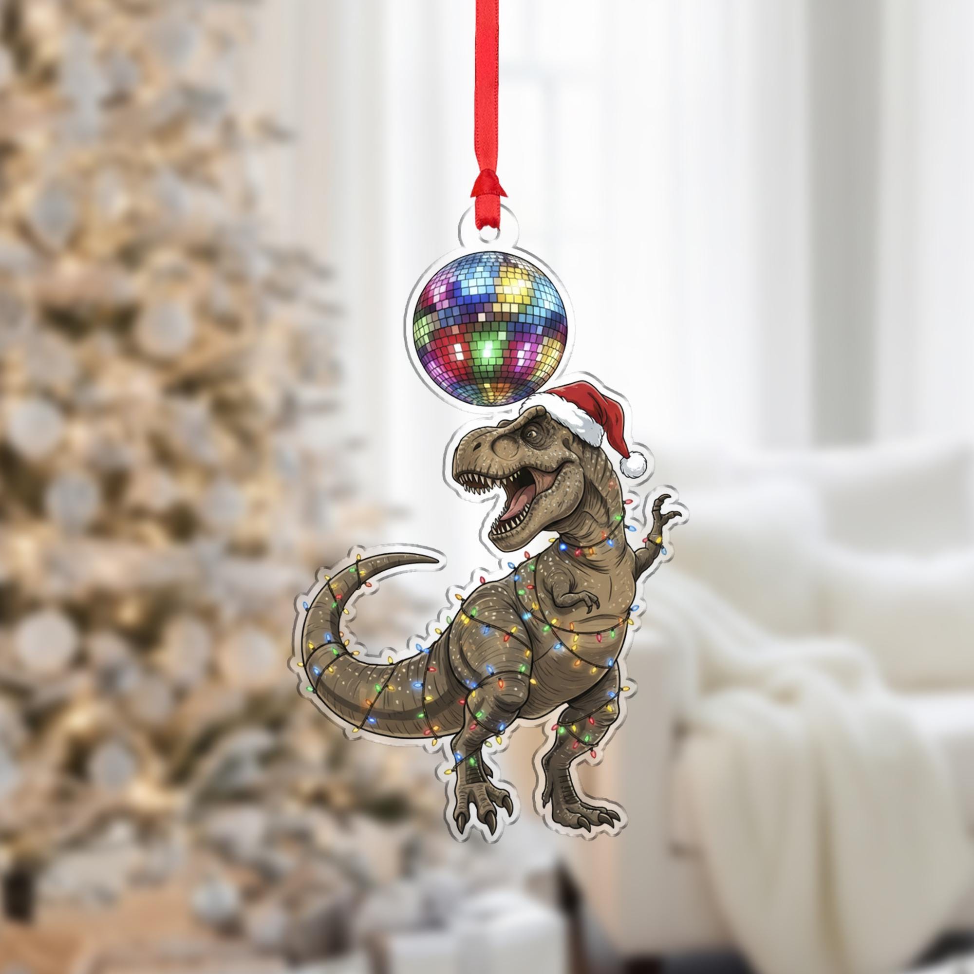 Dinosaur Christmas Ornament – T Rex Decoration with Disco Ball and Lights