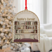 Personalized Wood Ornament – Custom Bookshelf Decoration with Reading Nook