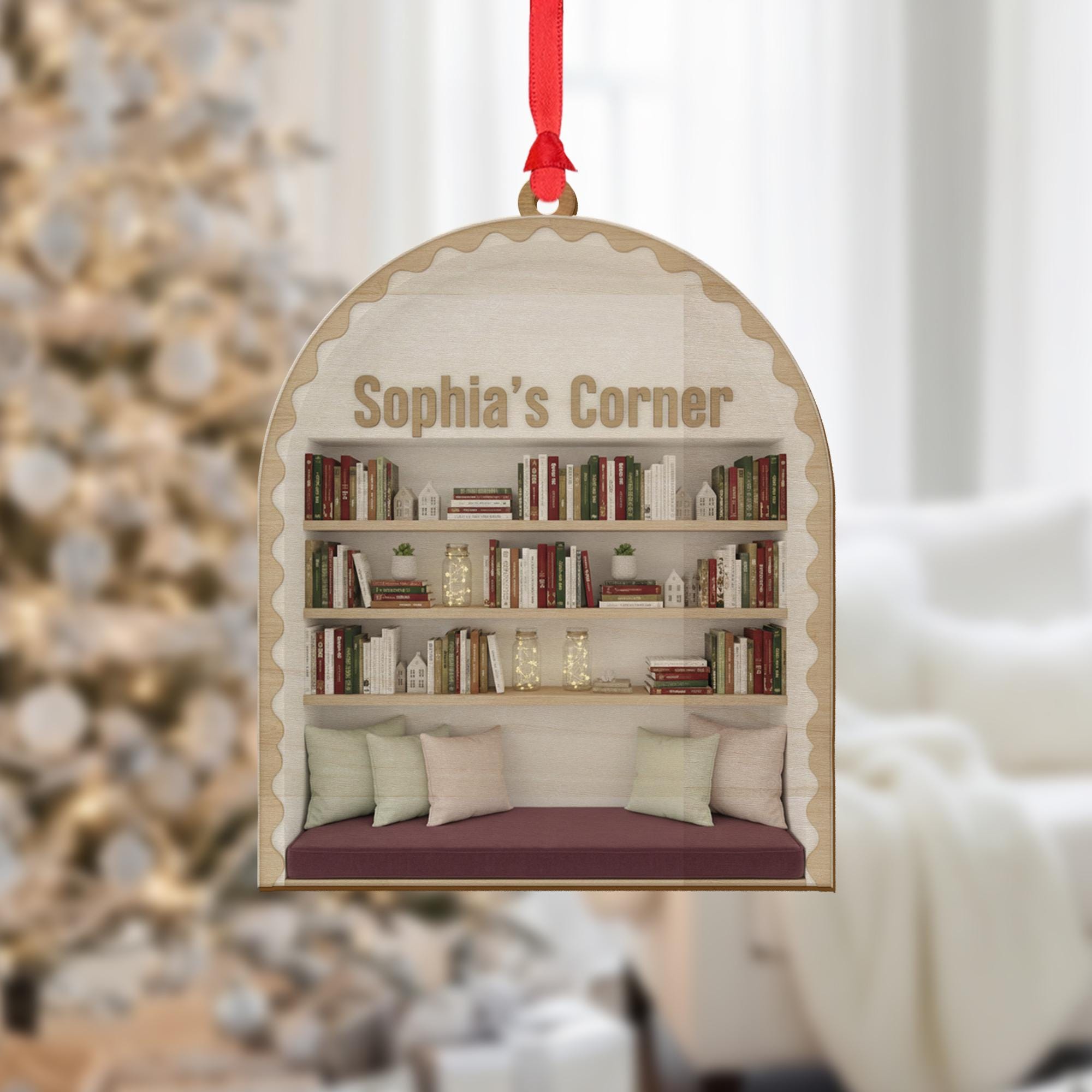 Personalized Wood Ornament – Custom Bookshelf Decoration with Reading Nook
