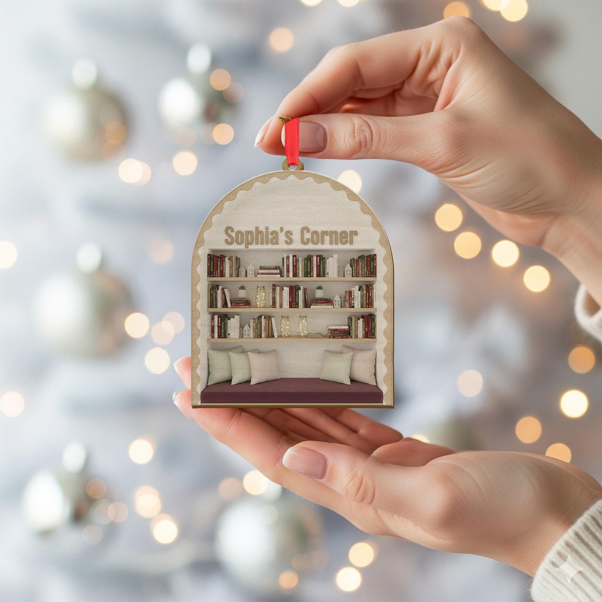 Personalized Wood Ornament – Custom Bookshelf Decoration with Reading Nook
