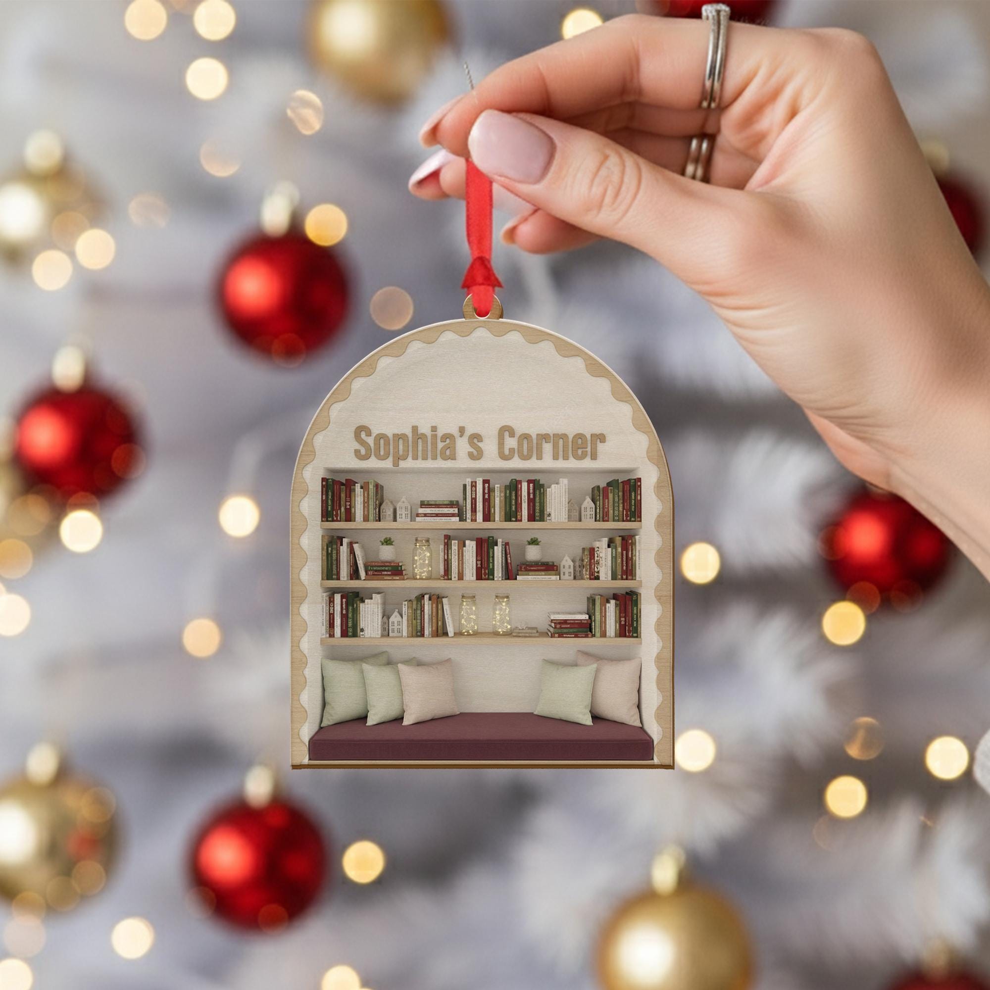 Personalized Wood Ornament – Custom Bookshelf Decoration with Reading Nook