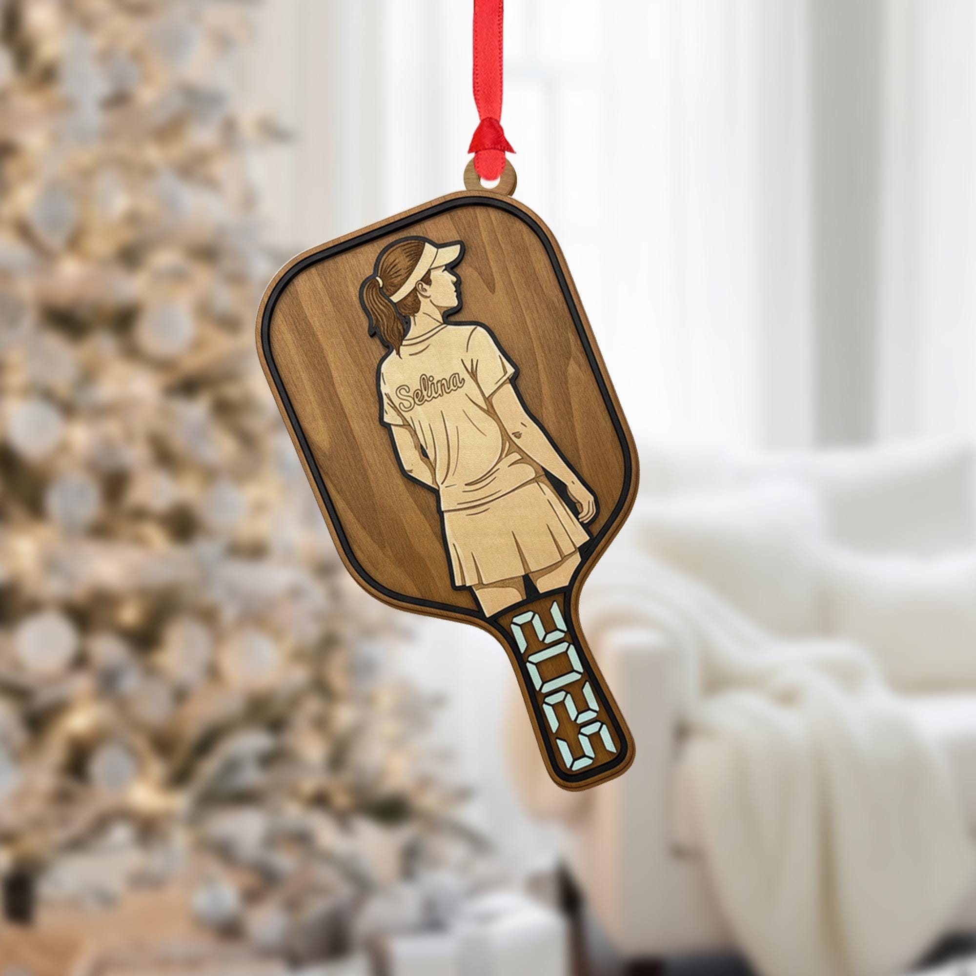 Personalized Wood Ornament – Custom Pickleball Paddle Decoration with Player Design