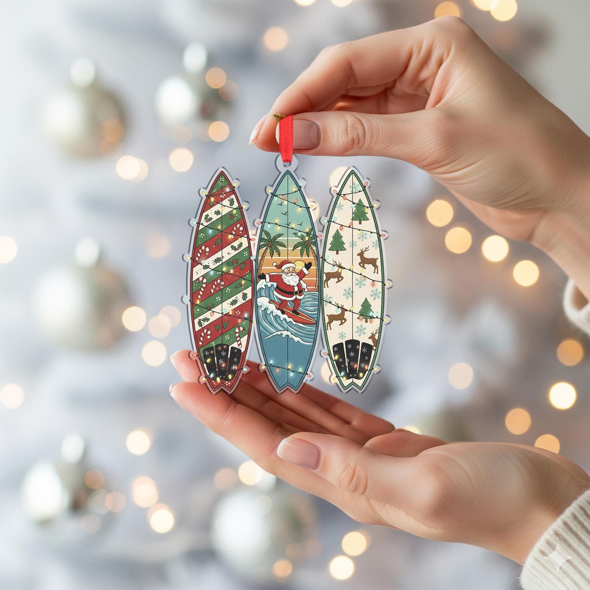 Surfboard Christmas Ornament – Santa Decoration with Holiday Patterns
