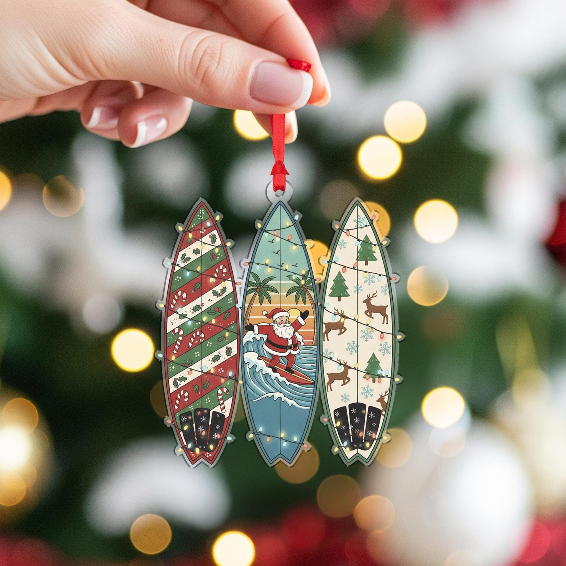 Surfboard Christmas Ornament – Santa Decoration with Holiday Patterns