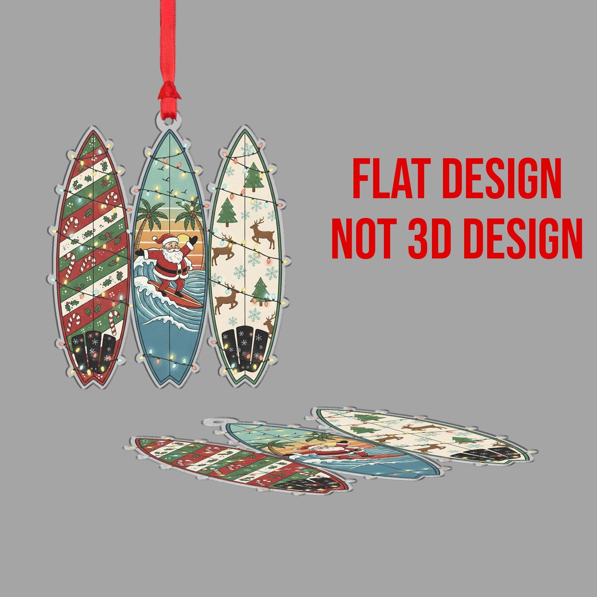 Surfboard Christmas Ornament – Santa Decoration with Holiday Patterns