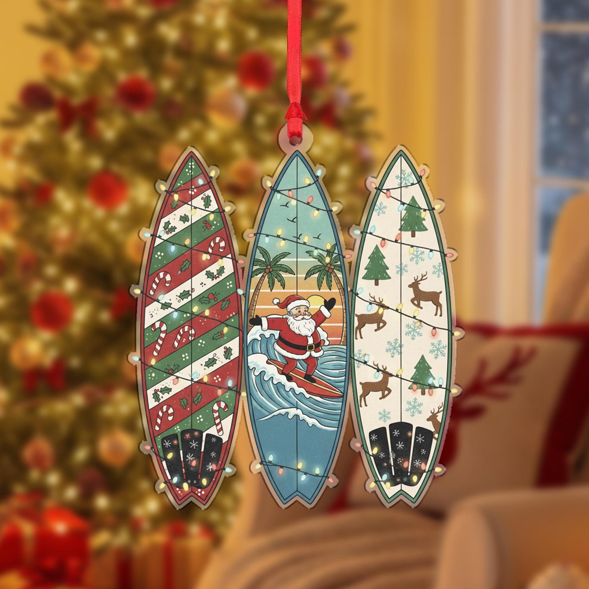 Surfboard Christmas Ornament – Santa Decoration with Holiday Patterns