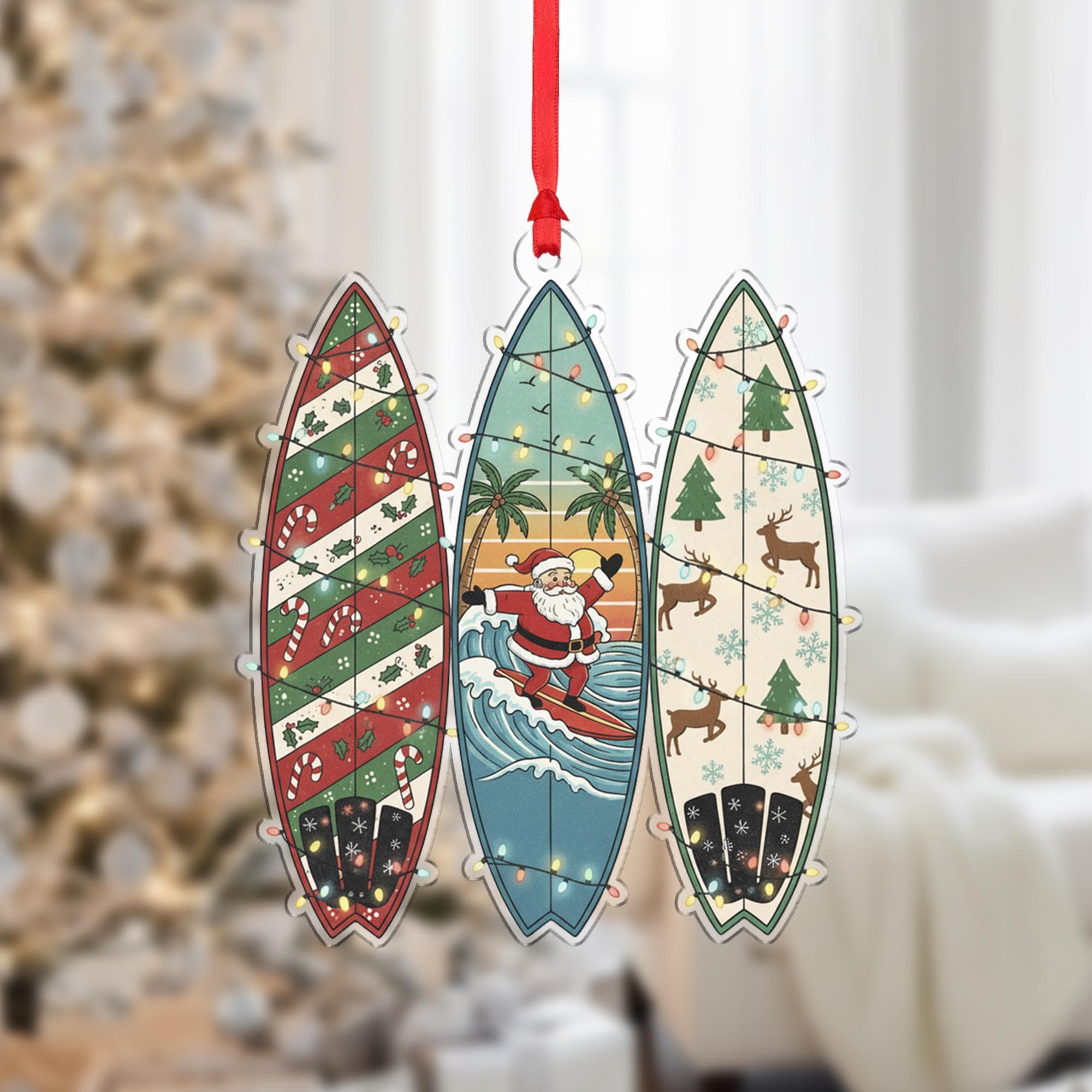 Surfboard Christmas Ornament – Santa Decoration with Holiday Patterns
