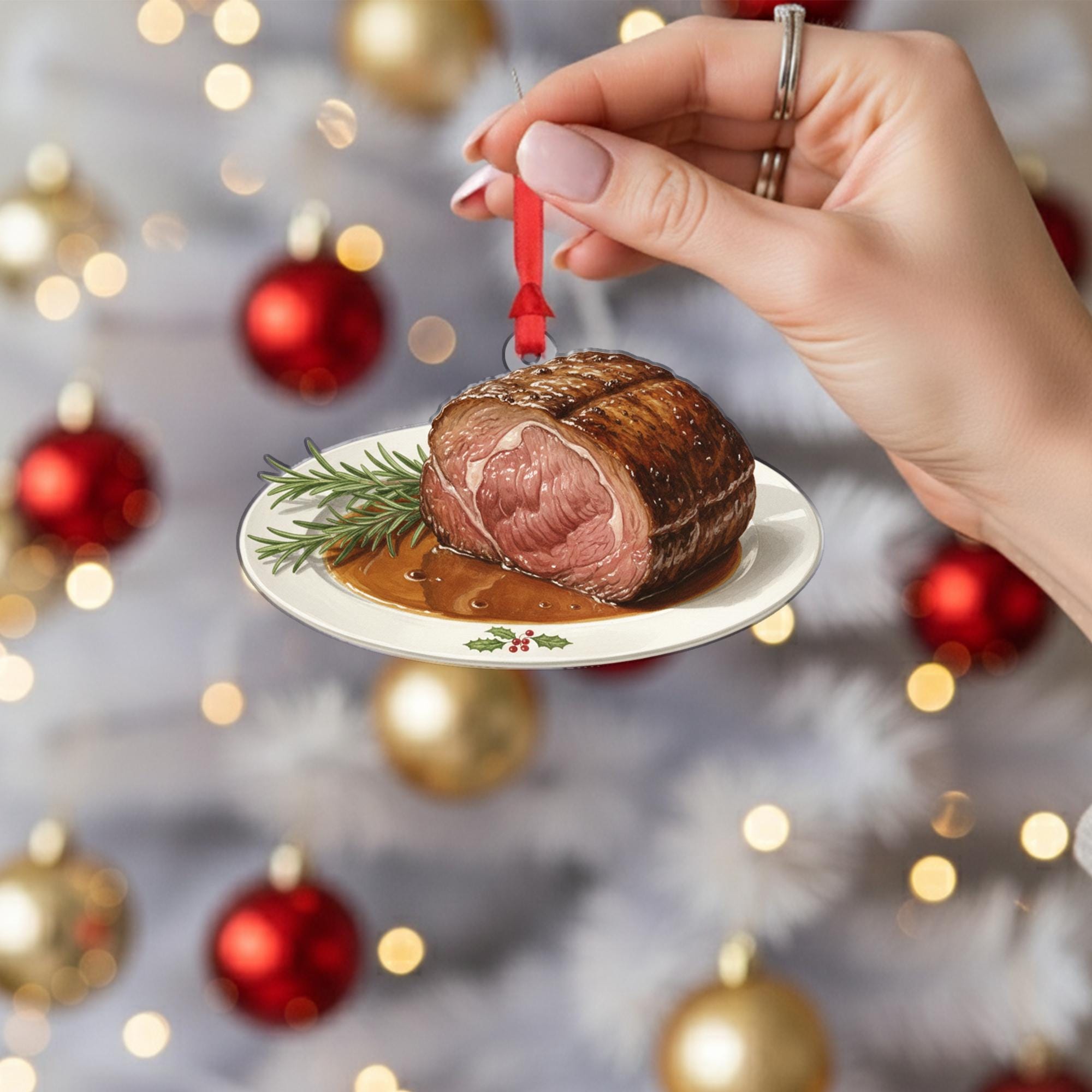 Roast Beef Christmas Ornament – Holiday Dinner Plate Decoration with Gravy