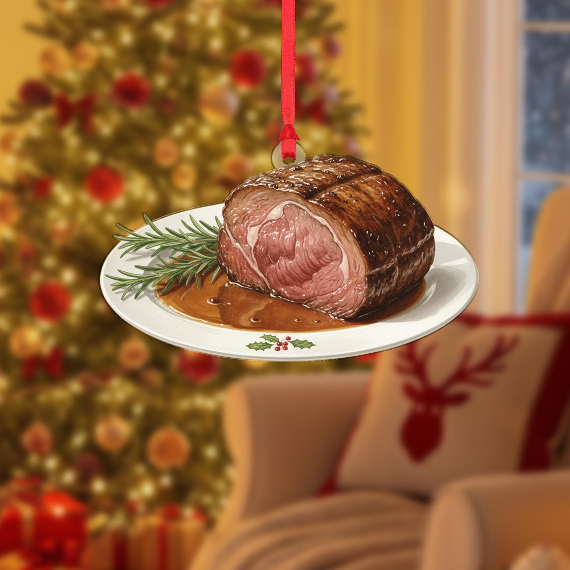 Roast Beef Christmas Ornament – Holiday Dinner Plate Decoration with Gravy
