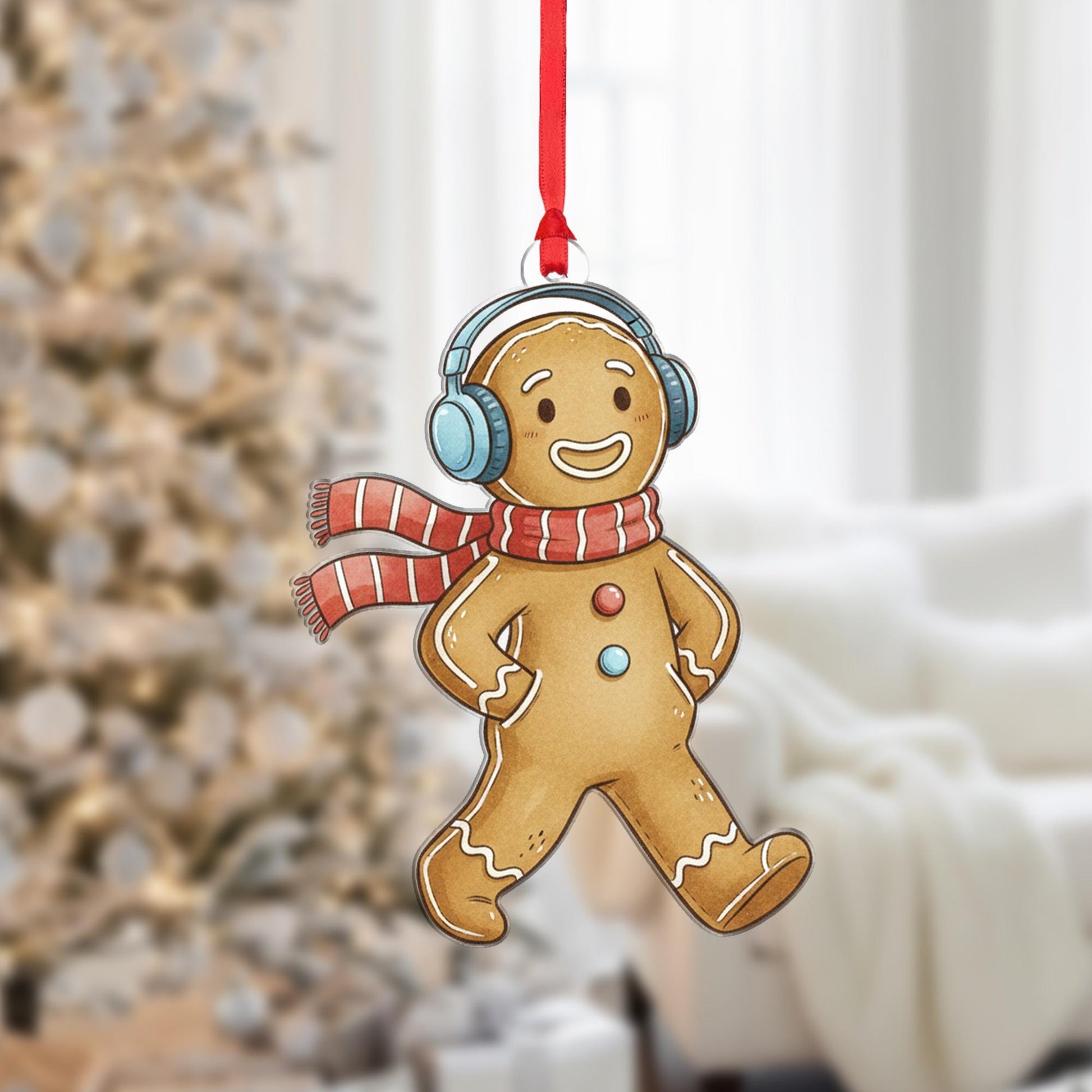 Gingerbread Man Christmas Ornament – Cookie Decoration with Scarf and Headphones
