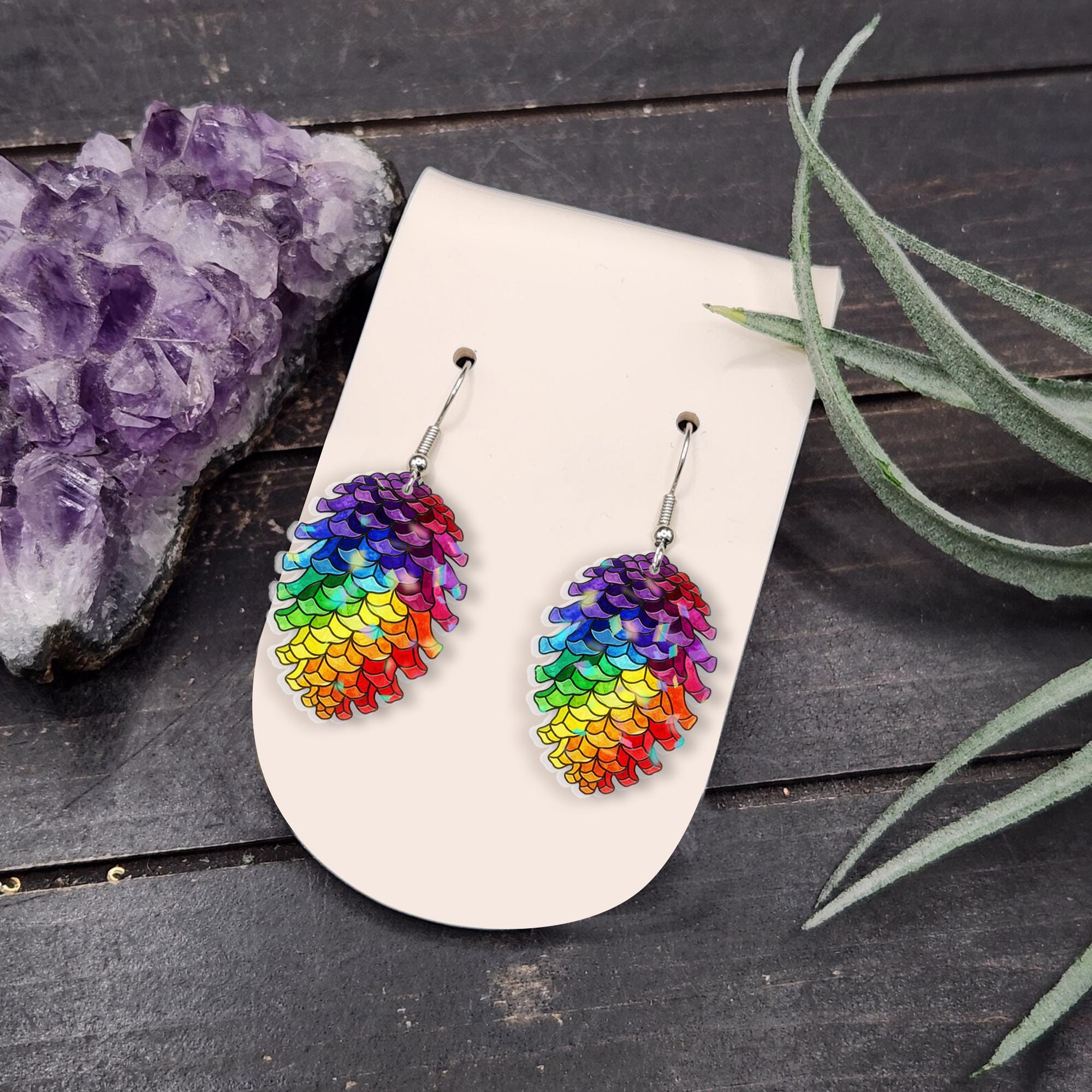 Rainbow Pinecone Earrings – Colorful Dangle Jewelry with Nature Design