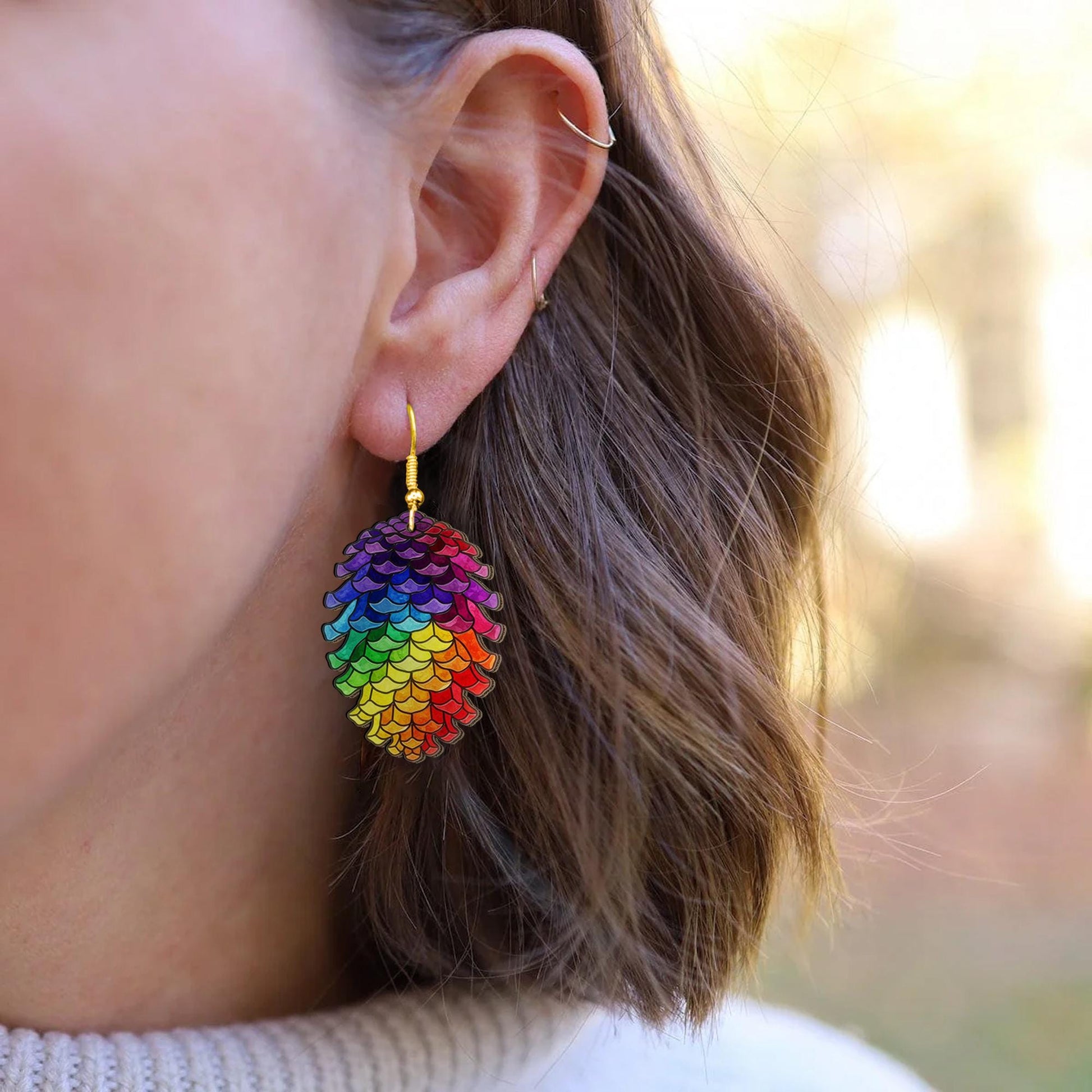 Rainbow Pinecone Earrings – Colorful Dangle Jewelry with Nature Design