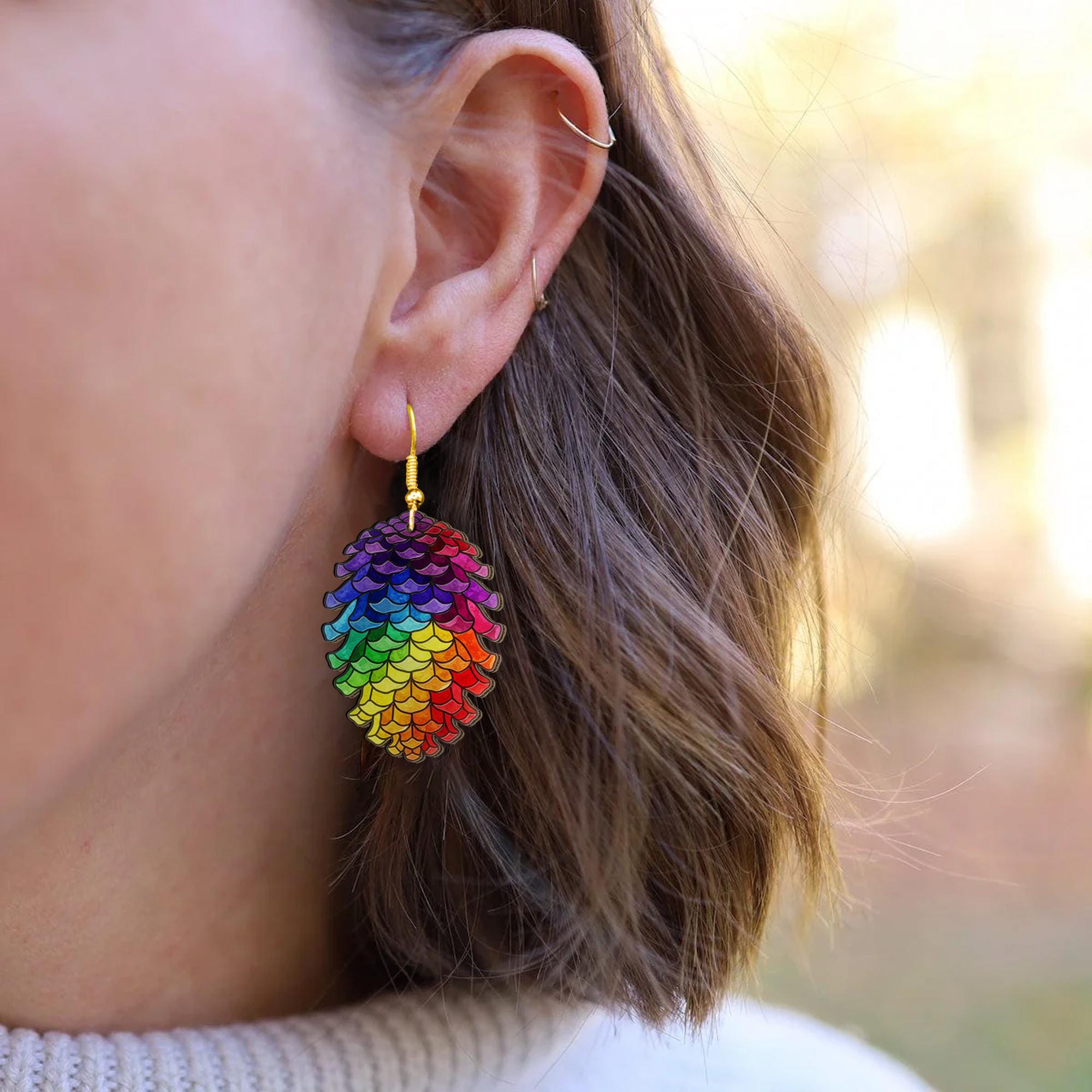Rainbow Pinecone Earrings – Colorful Dangle Jewelry with Nature Design