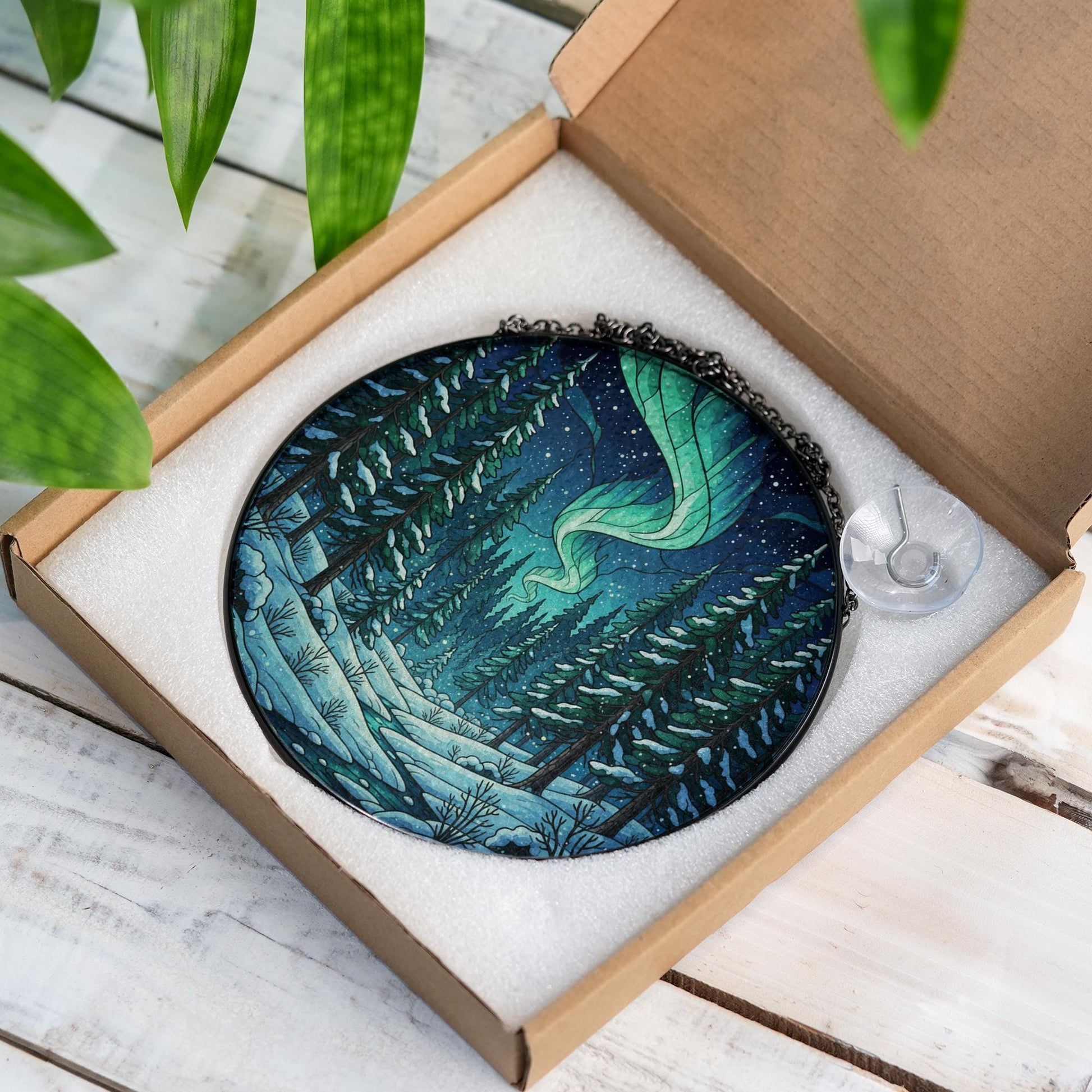 Glass Suncatcher – Northern Lights Decoration with Winter Forest Design