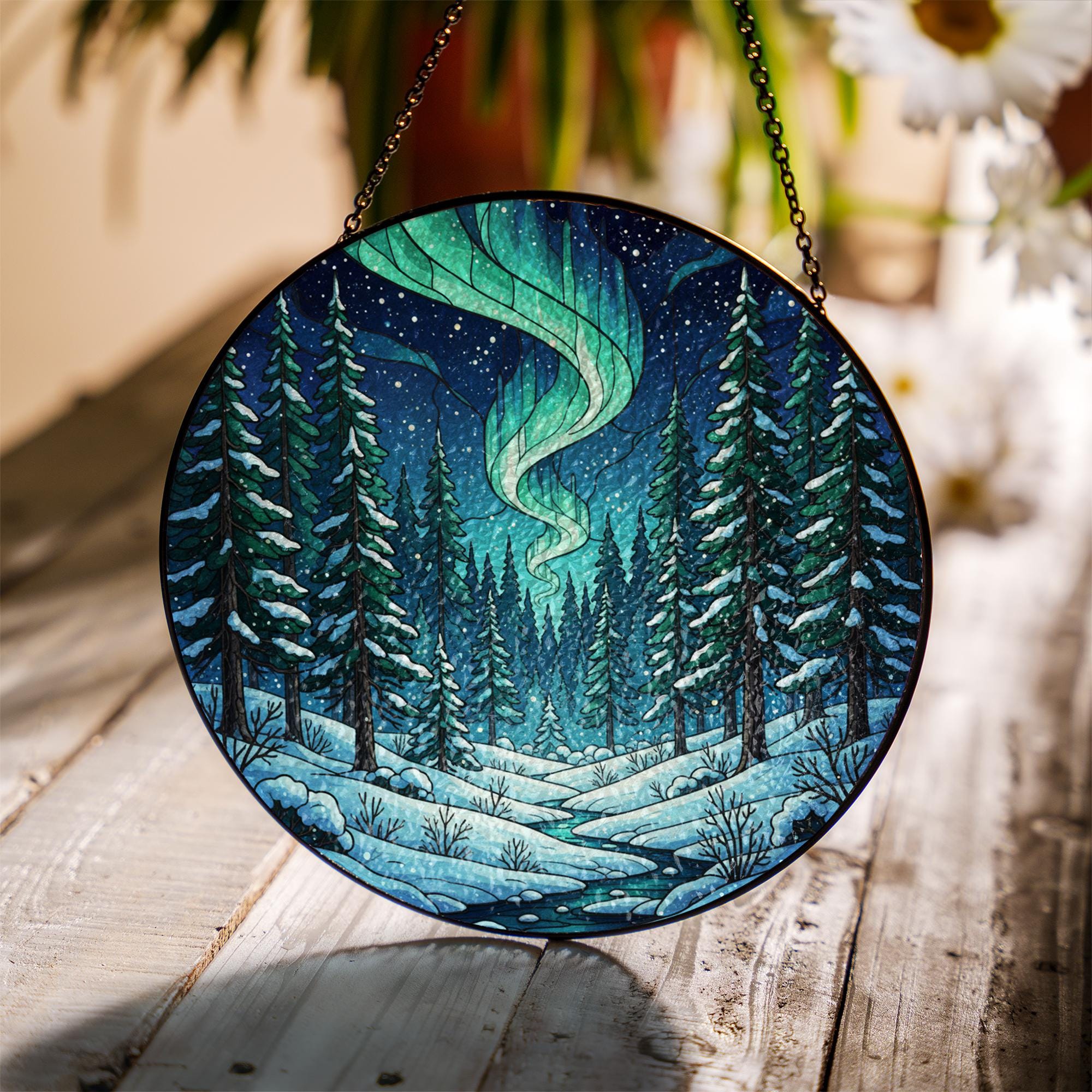 Glass Suncatcher – Northern Lights Decoration with Winter Forest Design