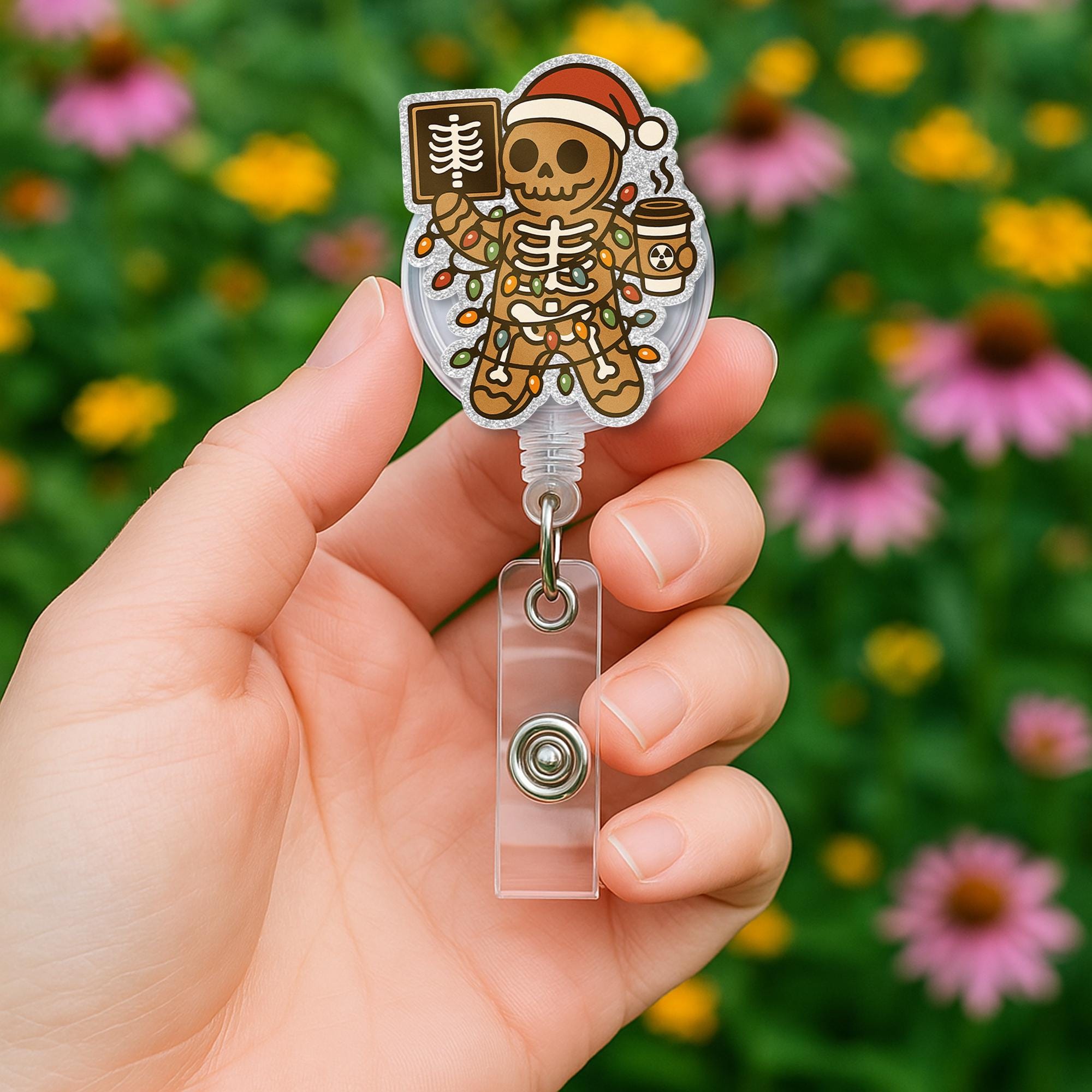 Gingerbread Skeleton Xray Christmas Badge Reel Retractable ID Holder