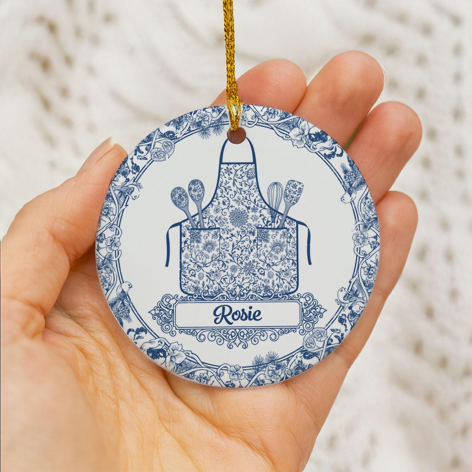 Ceramic Ornament, Chef Apron Design, Blue Floral Toile, Baking Utensils, Personalized Name, Round
