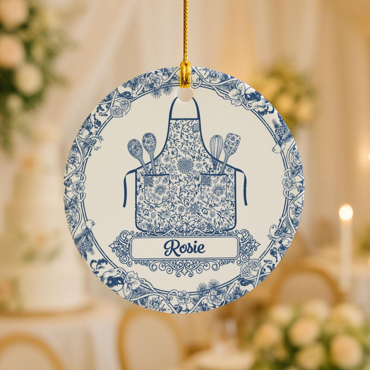 Ceramic Ornament, Chef Apron Design, Blue Floral Toile, Baking Utensils, Personalized Name, Round