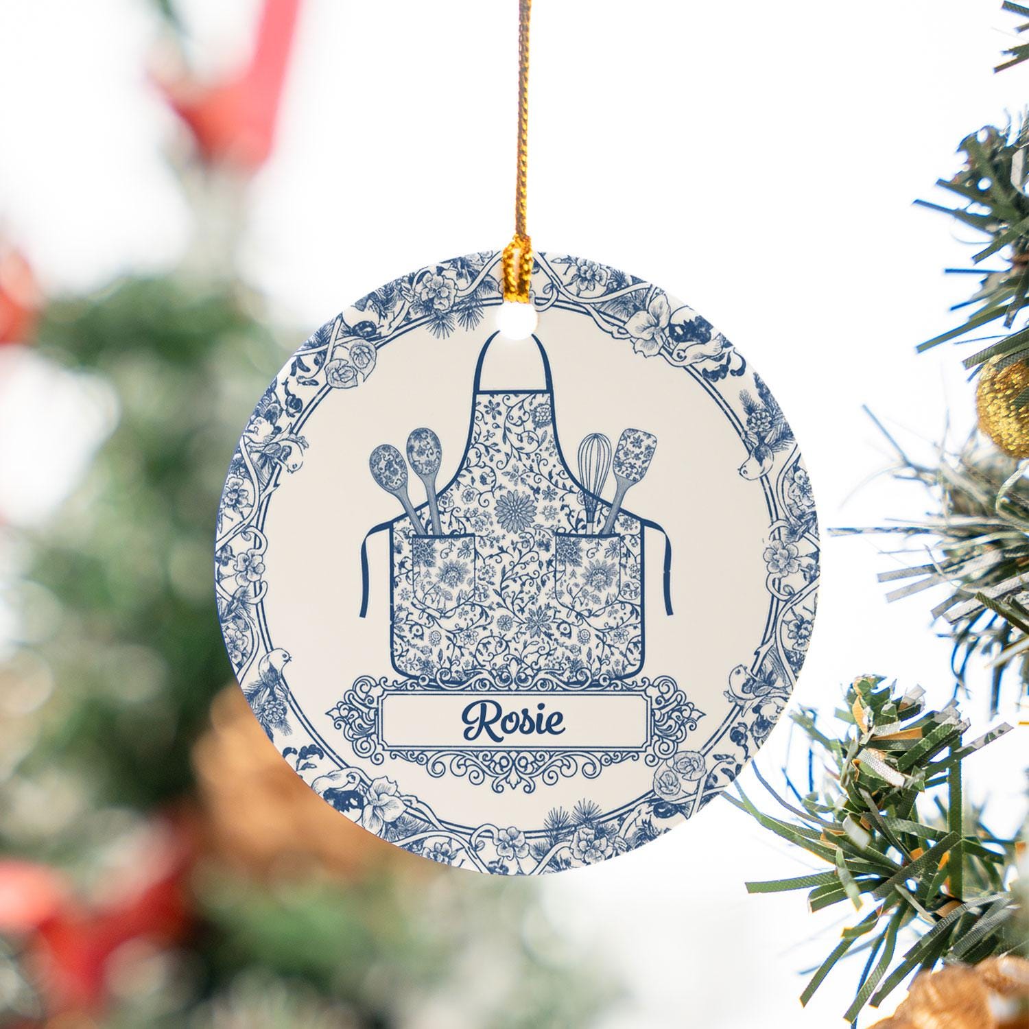 Ceramic Ornament, Chef Apron Design, Blue Floral Toile, Baking Utensils, Personalized Name, Round