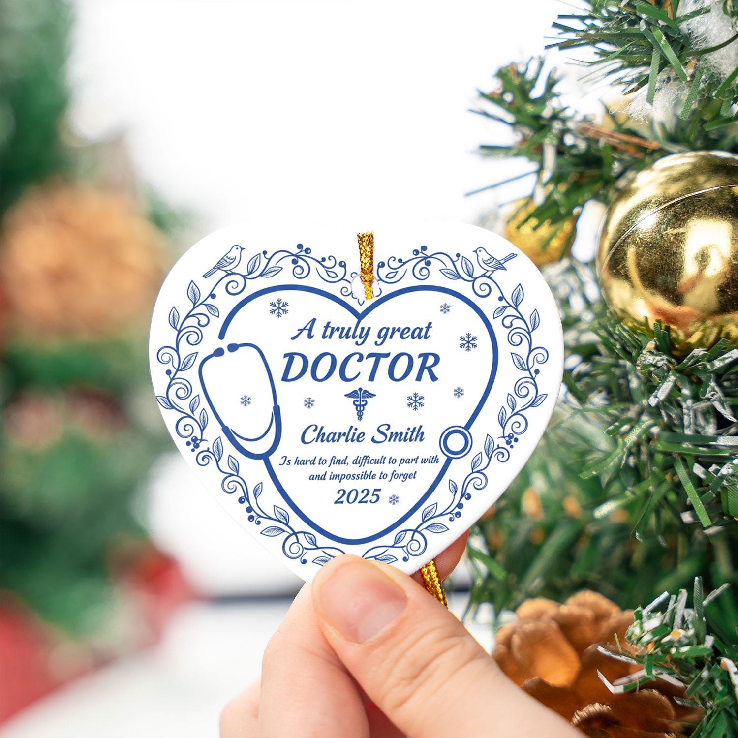 Doctor Ceramic Heart Ornament, Stethoscope Design, Personalized Name, Blue Floral, 2025