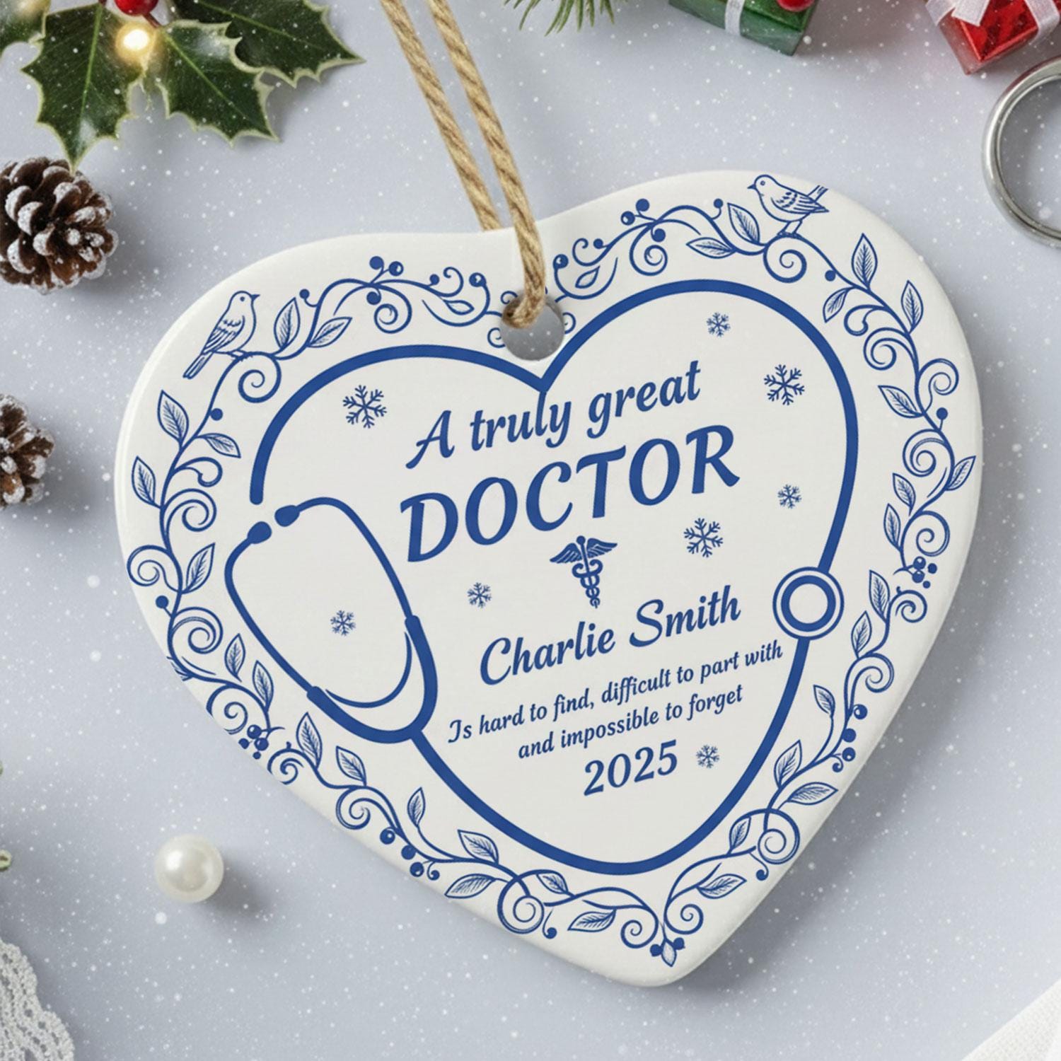 Doctor Ceramic Heart Ornament, Stethoscope Design, Personalized Name, Blue Floral, 2025