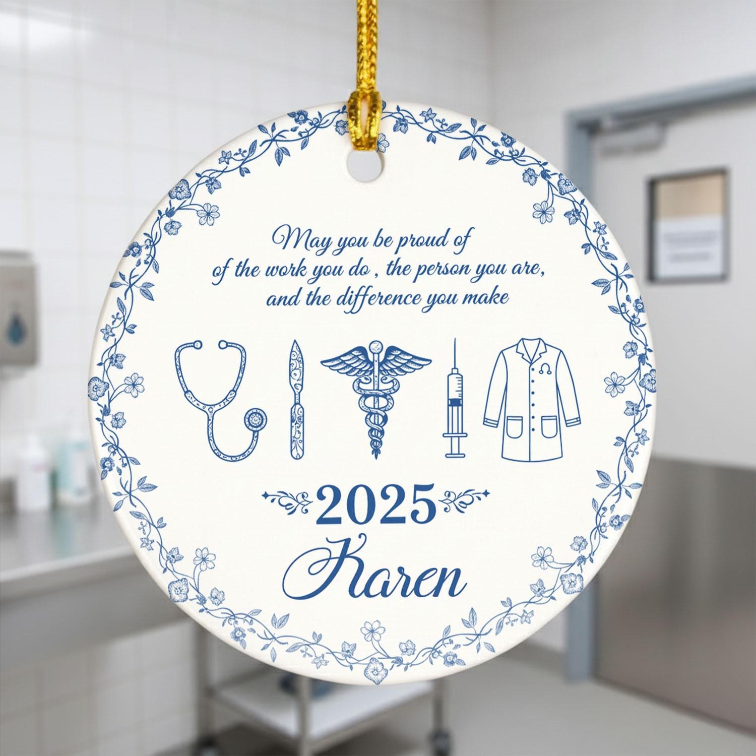 Medical Ceramic Ornament, Doctor Nurse Design, Personalized Name, Blue Floral, Round, 2025