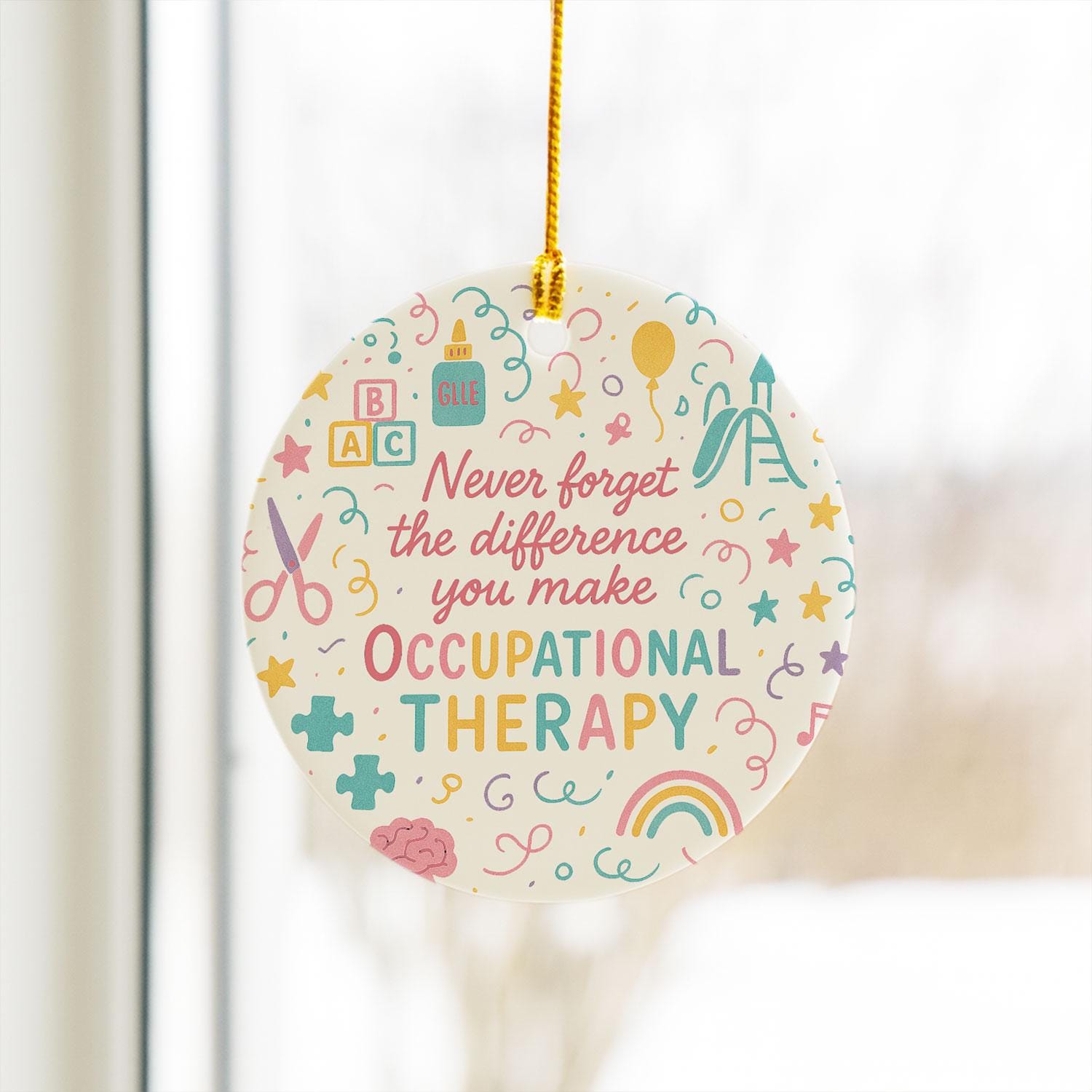 Occupational Therapy Ceramic Ornament, Round Pastel Icons, OT Decor, Clinic Wall or Tree