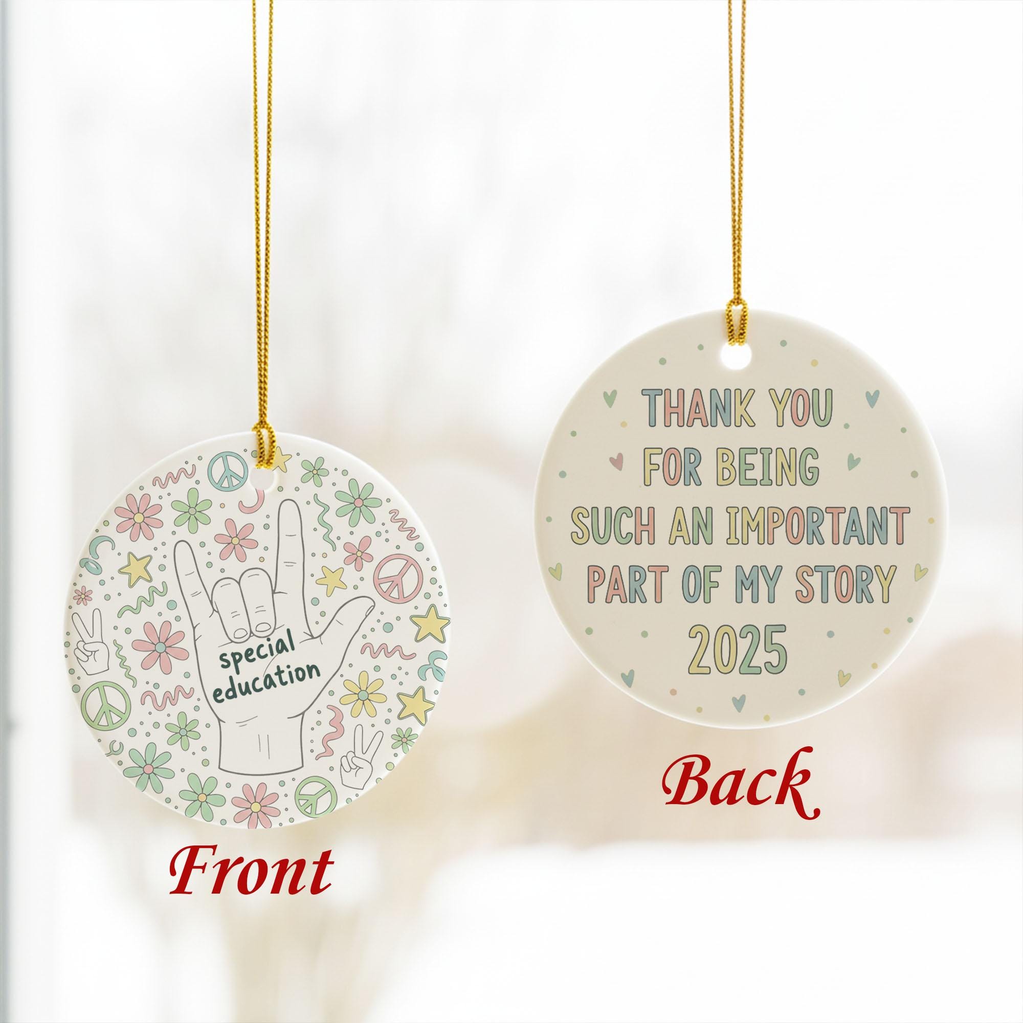 Special Education Ceramic Ornament, ASL I-Love-You Hand, Double-Sided Round, Pastel Icons