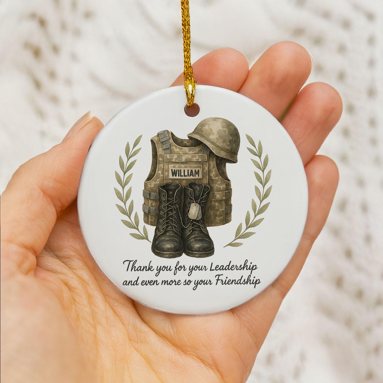 Military Ceramic Ornament, Personalized Name, Camo Gear Vest Helmet Boots, Round