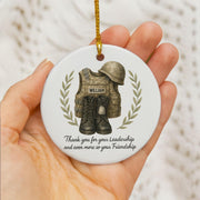 Military Ceramic Ornament, Personalized Name, Camo Gear Vest Helmet Boots, Round