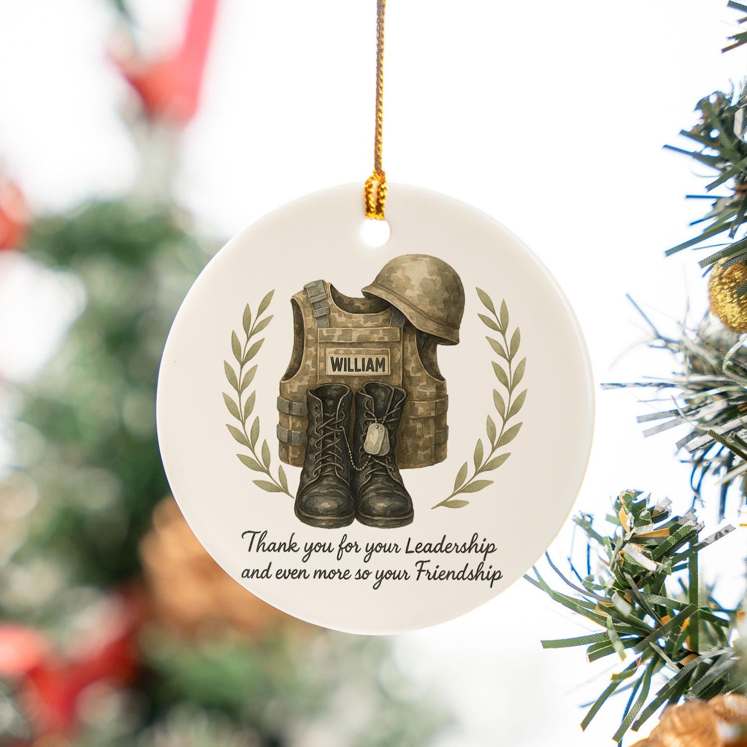 Military Ceramic Ornament, Personalized Name, Camo Gear Vest Helmet Boots, Round