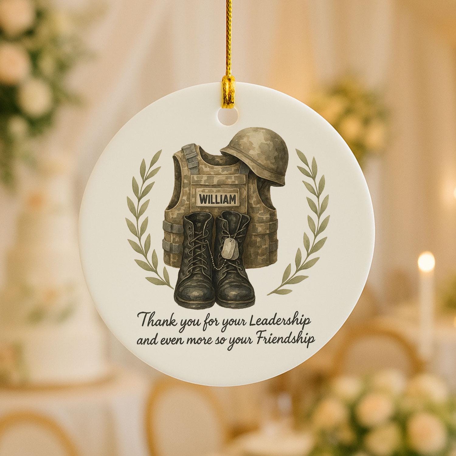 Military Ceramic Ornament, Personalized Name, Camo Gear Vest Helmet Boots, Round