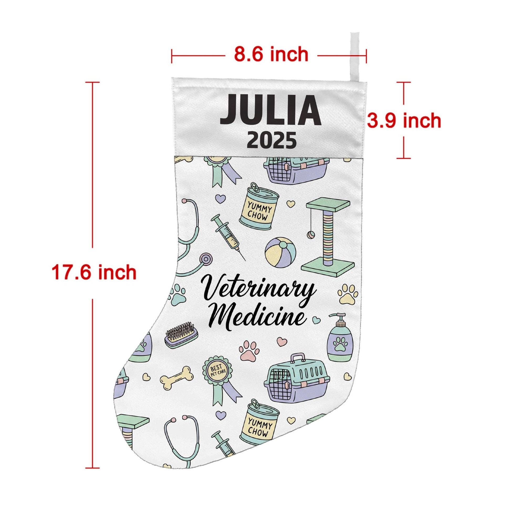 Veterinary Christmas Stocking, Personalized Name Year, Pet Clinic Icons, White Fabric